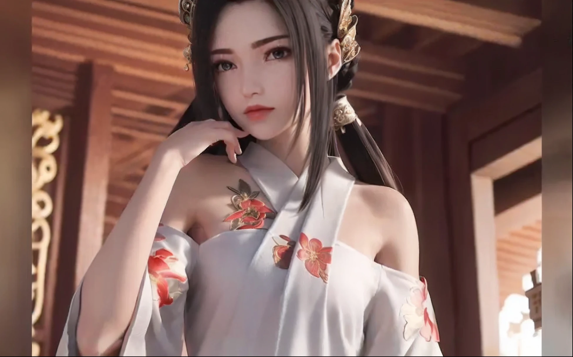 Close-up of a woman in a white dress,Carrying a flower on his shoulder, White Hanfu, Japanese goddess, Anime girl cosplay, gorgeous chinese models, Wearing ancient Chinese clothes, Anime girl in real life, Palace , A girl in Hanfu, white hime cut hairstyle, Beautiful anime woman, beautiful and seductive anime woman, a beautiful fantasy empress, Chinese style
