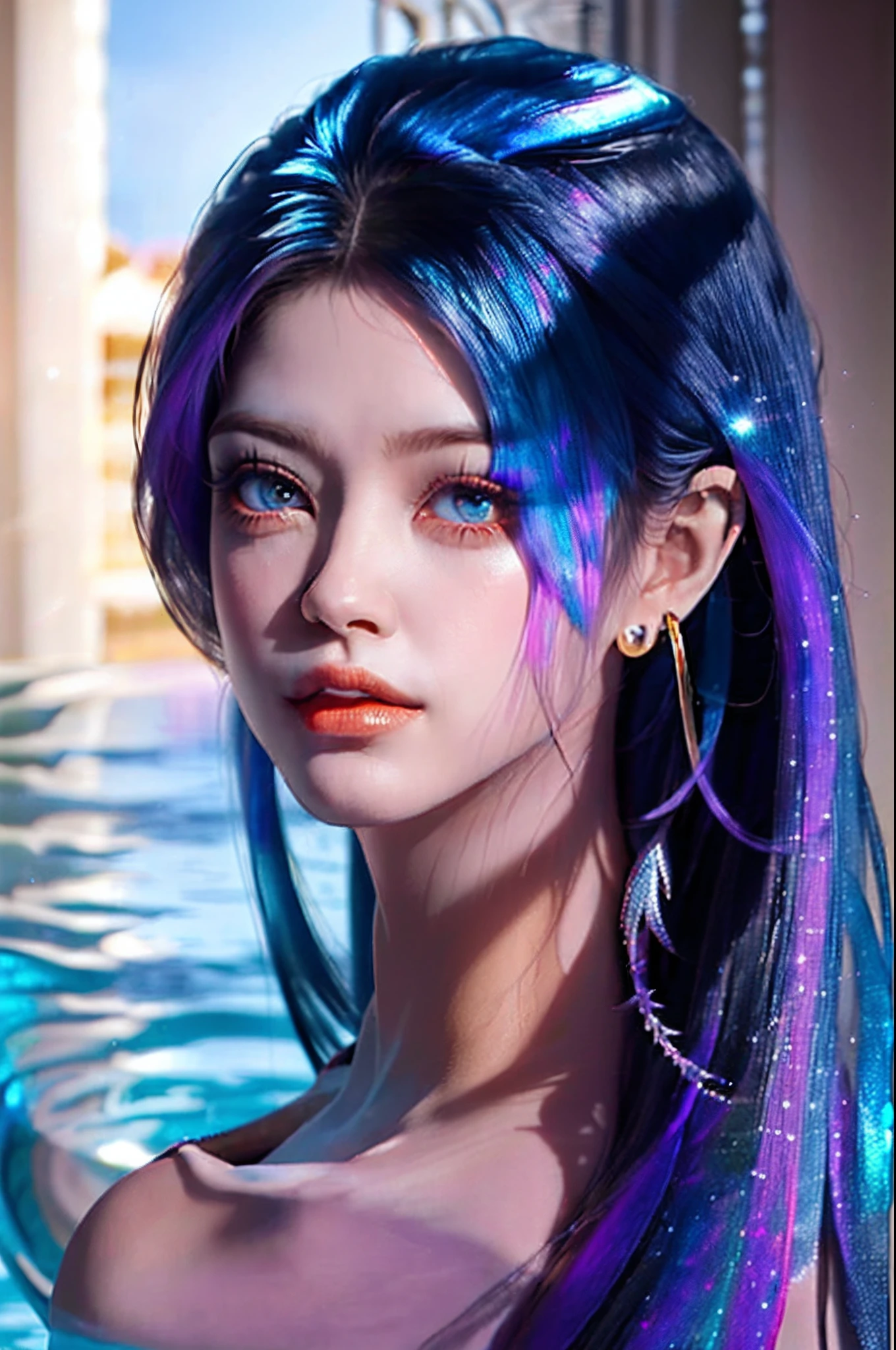 Long black hair with silver black-tailed male mermaid at the end,The tail shimmers with pearlescence,Has transparent ventral fins,and ear fins,Golden pupils,pretty