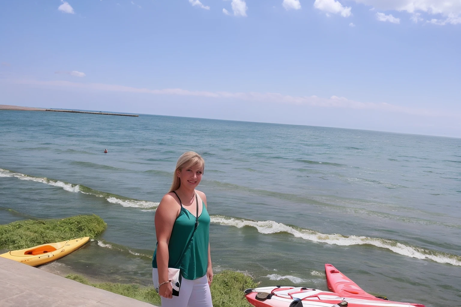 blond woman standing on a pier with a few kayaks in the water, at the sea, lake baikal in the background, standing at the beach, the sea in the background, sea in the background, the ocean in the background, standing near the beach, standing beside the ocean, on the ocean water, black sea, at the seaside, 3 0 years woman
