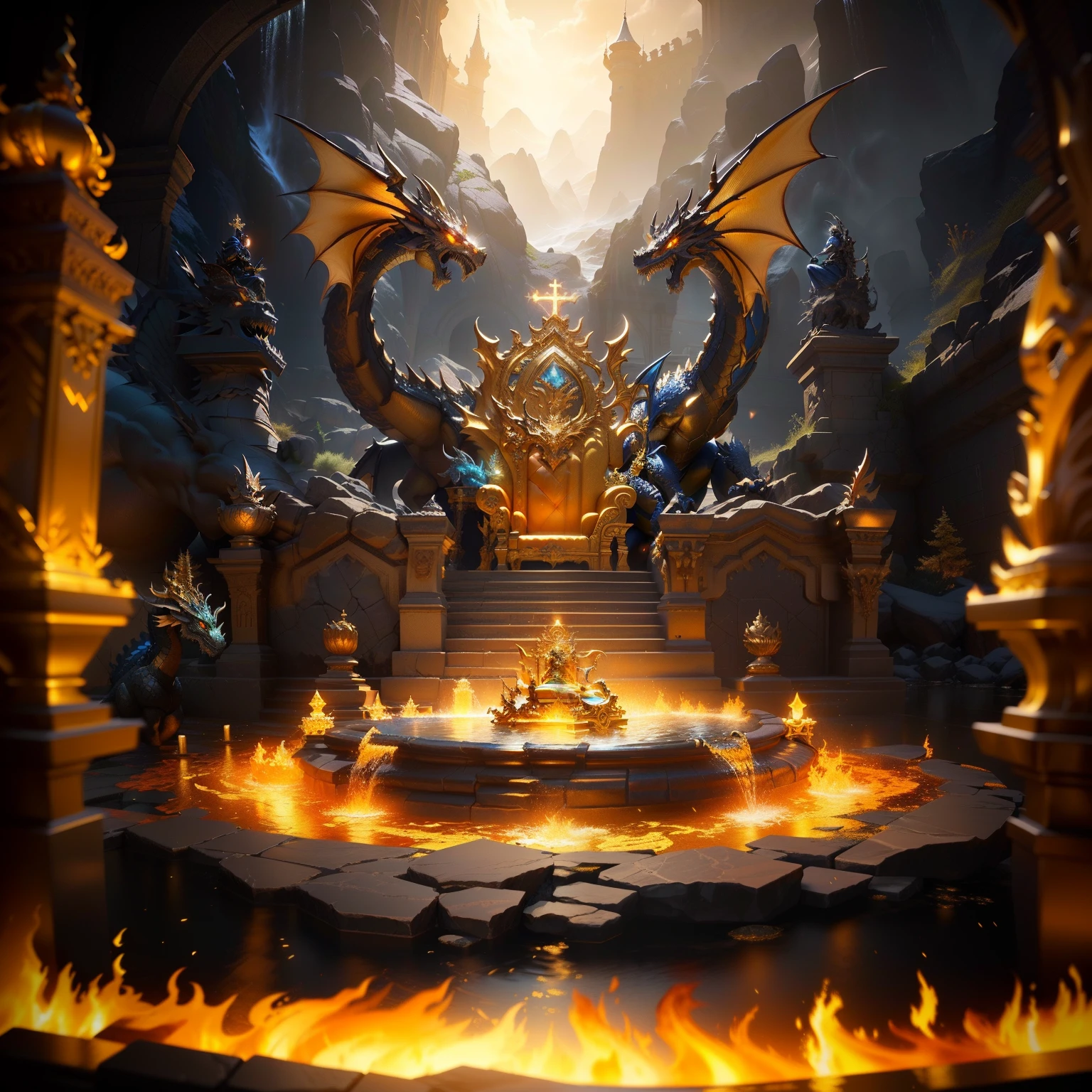 there is a very large dragon statue in the middle of a fountain, dragon in dragon lair, unreal engine fantasy art, stuning fantasy 3 d render, Artstation contest winner, epic fantasy digital art style, golden throne, 8k high quality detailed art, the glowing throne, fantasy art behance, holy fire spell art, gold throne, 4 k detail fantasy