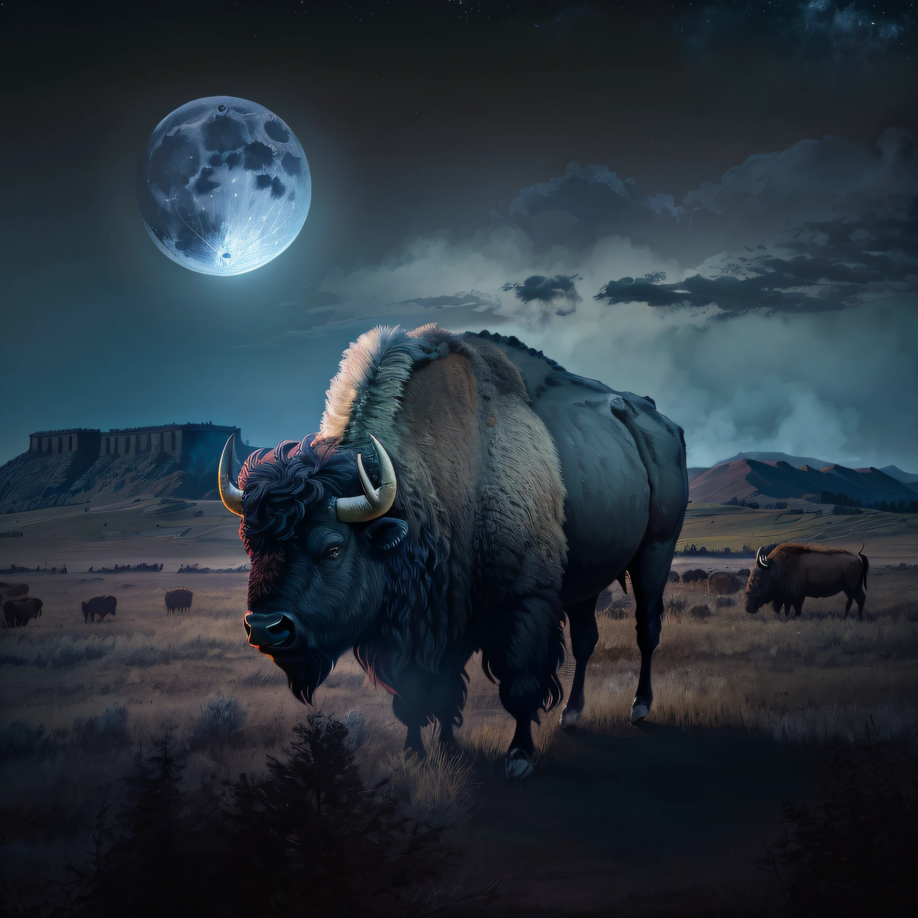 there is a large bison standing in a field with a full moon, best on adobe stock, buffalo, bull, bison god, hunting bisons, hunting buffalo, (fantasy), moon bull samurai, at night with full moon, high quality fantasy stock photo, digital art animal photo, that resembles a bull\'s, an ox, inspired by Giuseppe Bernardino Bison