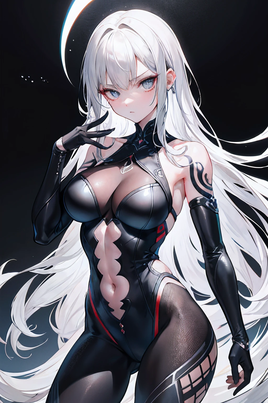Charming，Senior sister，Abdominal y tattoo，Disgusting gaze，Disdainful face，Tight-fitting leg ring，y tattoo on half-body，Bare skin，Exquisite facial features,Ultimate image quality,1girl,Silver gray hair,Bodysuit,Armored hand，Hidden fingertips，Silver-gray long hair，Bodysuit，Tight-fitting bodysuit，Hand covered，Arm covered，Fist covered,{{beautiful detailed fingers}},1girl,