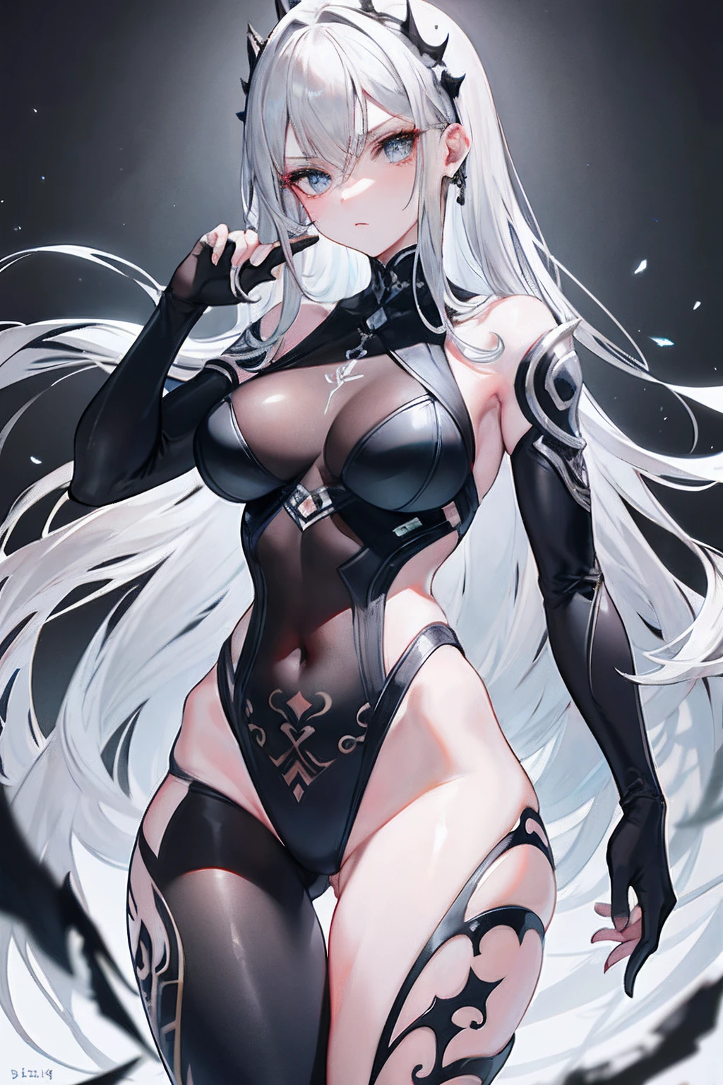 Charming,Senior sister,Abdominal y tattoo,Disgusting gaze,Disdainful face,Tight-fitting leg ring,y tattoo on half-body,Bare skin,Exquisite facial features,Ultimate image quality,1girl,Silver gray hair,Bodysuit,Armored hand,Hidden fingertips,Silver-gray long hair,Bodysuit,Tight-fitting bodysuit,Hand covered,Arm covered,Fist covered,{{beautiful detailed fingers}},1girl,