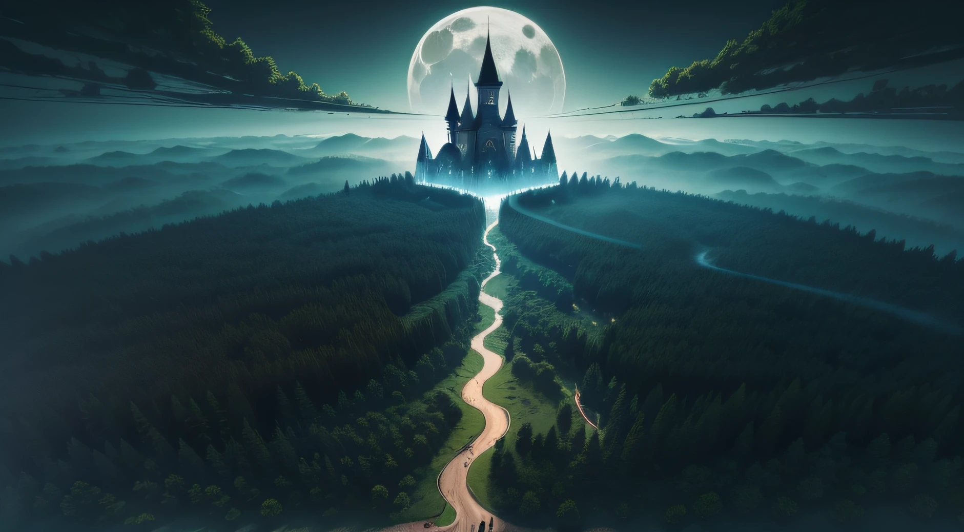 a big forest of tall trees, a big scary black castle, the moon shining red above it, a big river passing through the middle of the forest, seen from above, isometric view