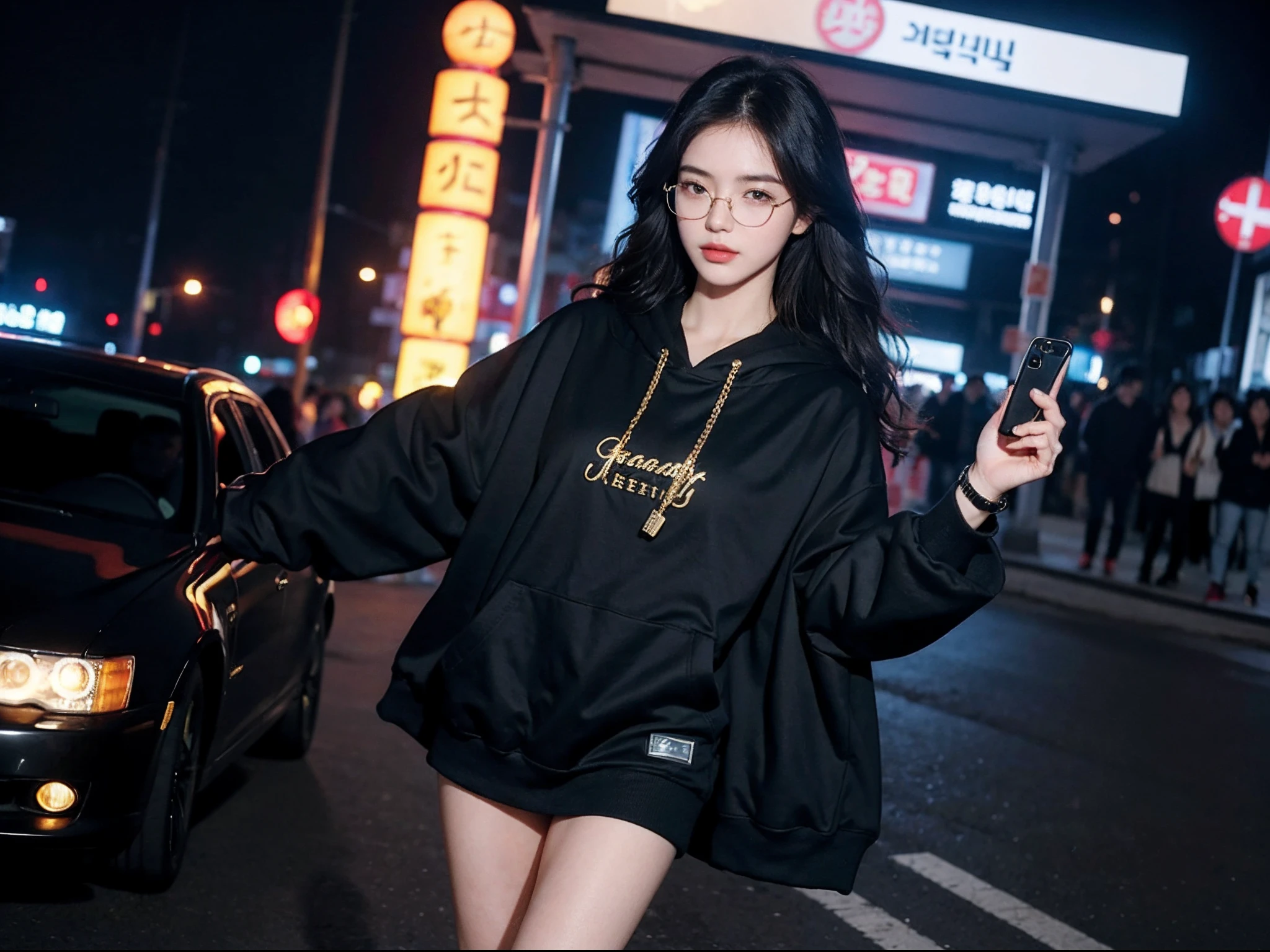 1girl, 175cm,korean model, korea night street,soft body, full body ,slender leg,black hair, wavy hair, hair reaches waist,white watch, black bracelet, black chain, black hoodie, wearing gold frame spectacles,a selfie,close-up, 8k, RAW photo, best quality, masterpiece,realistic, photo-realistic