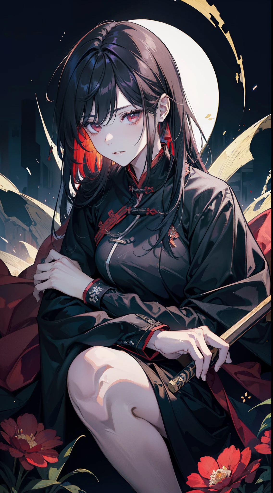 （tmasterpiece，optimum，PremiumQuality）Conspiracy Themes，A woman crouched on a fence，Ancient yard，The eyes are indifferent，Red eyes，Wearing black ancient Hanfu，Look down from above，Cold，Long black hair，Beautiful face，high qulity，the detail，Cold female assassin，Martial arts swordsman，Epic art，