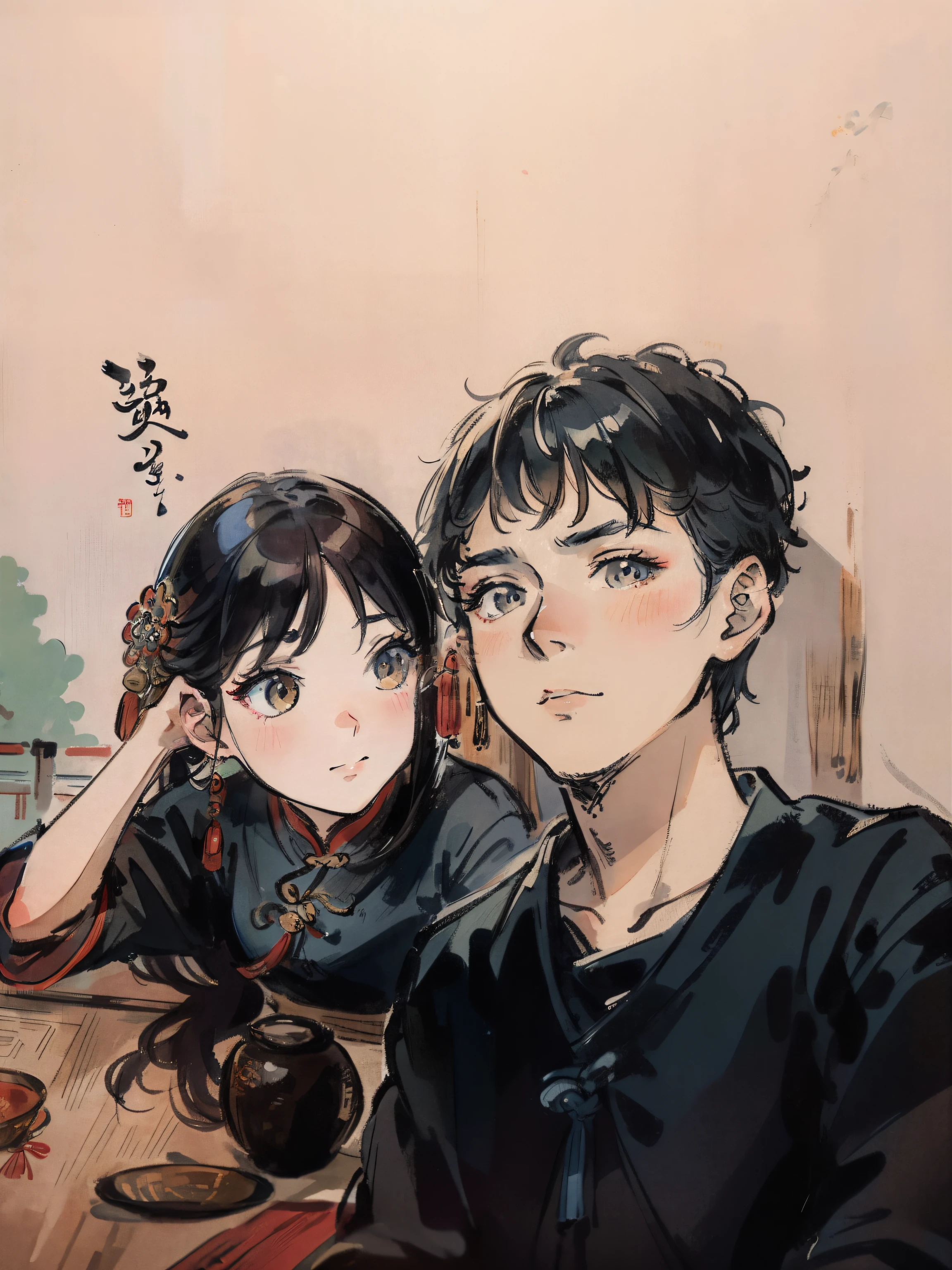 (tmasterpiece,best qualtiy:1.2),Tradition Chinese Ink Painting,couple,Beautiful,Traditional Chinese painting,人物,solid color backdrop,Refined face,self-shot