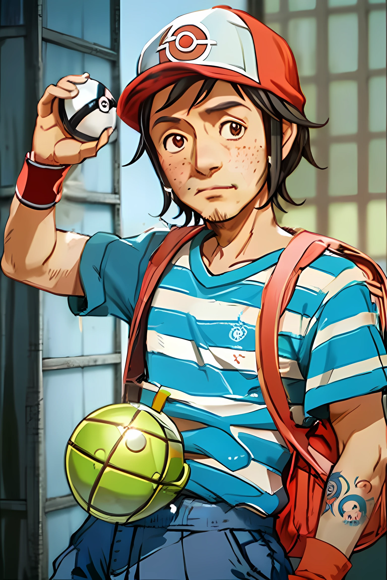 there is a man chavo del ocho holding a pokemon ball and a backpack, inspired by Junpei Satoh, miyamoto abduzeedo, akihiko yoshida. unreal engine, pokemon trainer, anime cgi style, inspired by Ryuzaburo Umehara, video game avatar, inspired by Miyamoto, video game character, realistic anime 3 d style