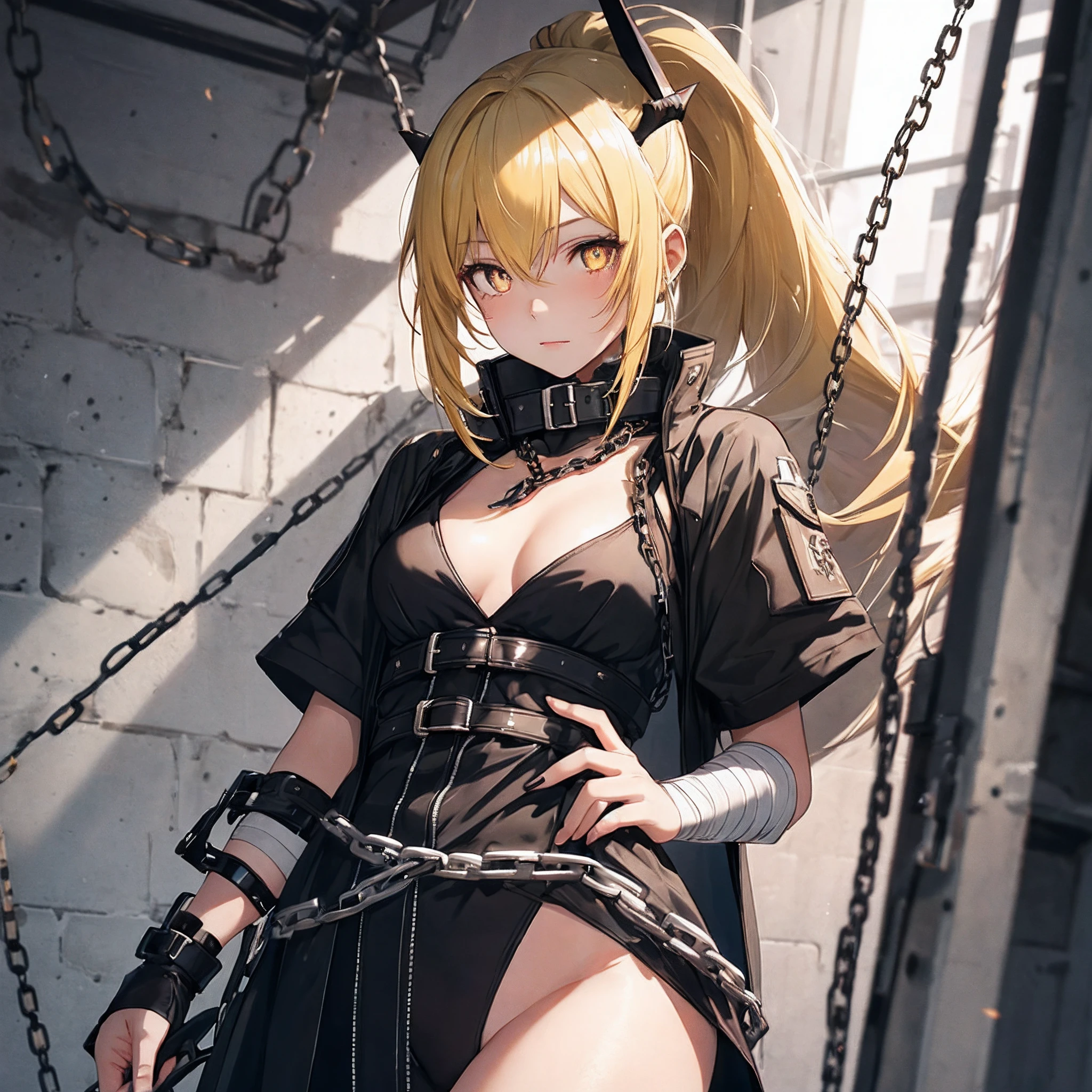 1 girl, yellow hair, brown eyes, small breasts,ponytail,medium breasts, female, age, Long Hair, Sexy,bright pupils, nearl(arknights),chain of collar,bandage,humiliated expression