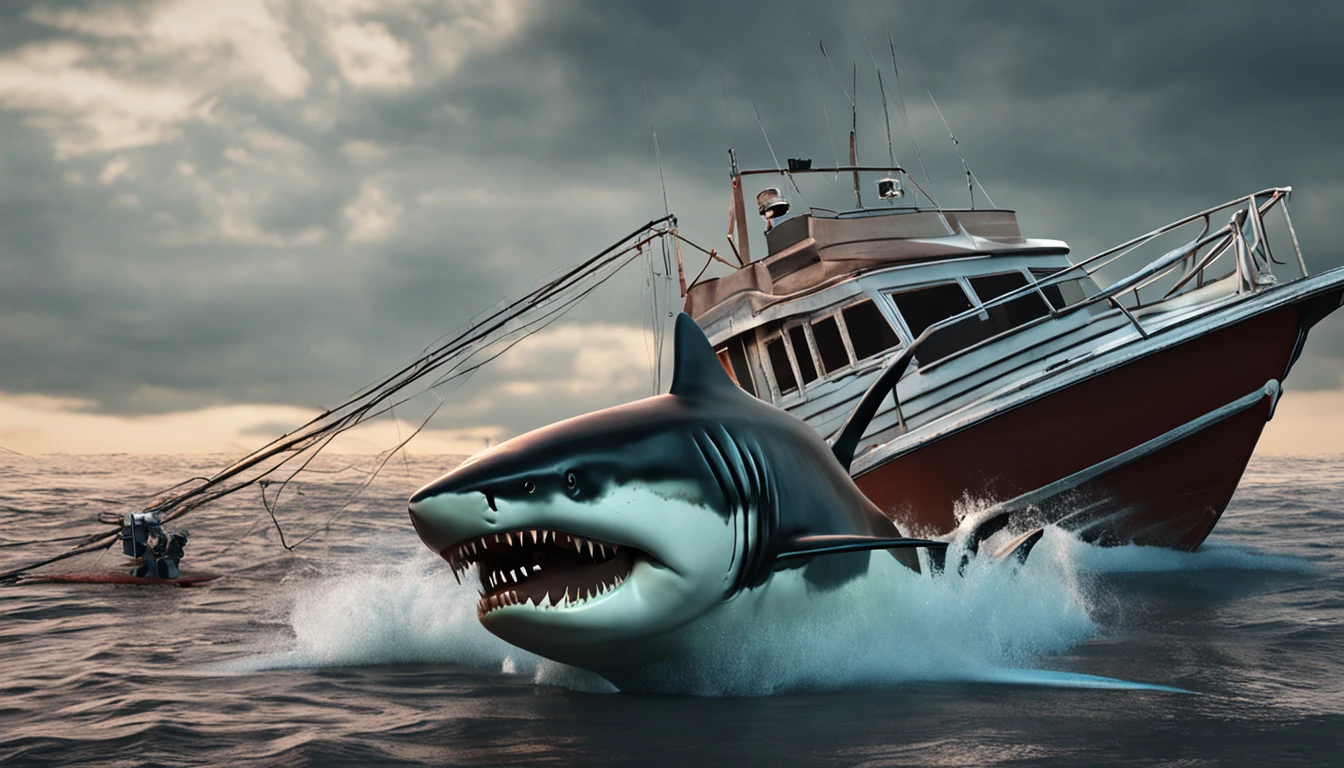 Megalodon shark attacking fishing boat