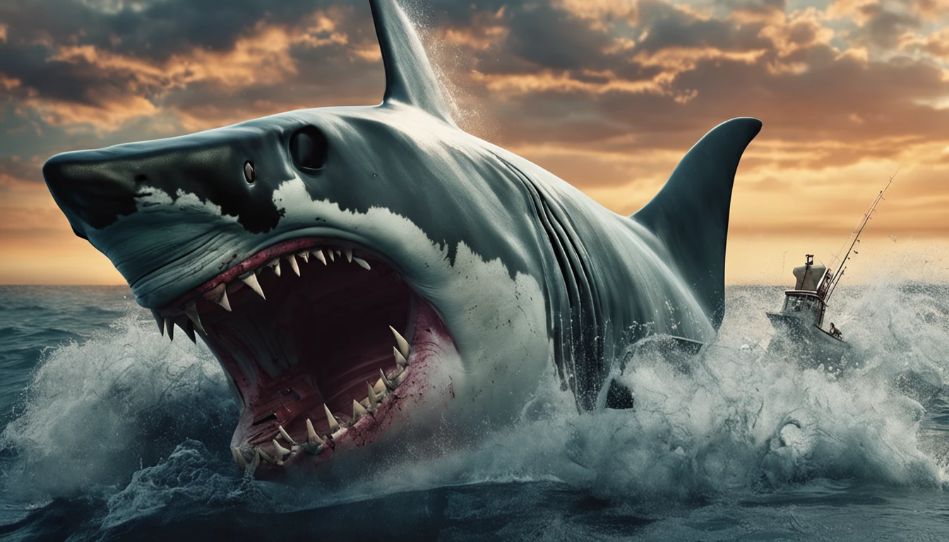 Megalodon shark attacking fishing boat