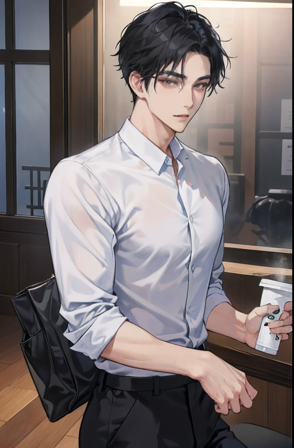 Work in progress, (Handsome Korean Man), (Korean Male), zora々Shishi Face, Clean-shaven face, Handsome man, at the cafe, cafe scenery, Lean, muscular, broad shoulders, smirking, dishevled hair, Short hair, jet-black hair, Gray eyes glow, (Black trainers, black trousers), 1man