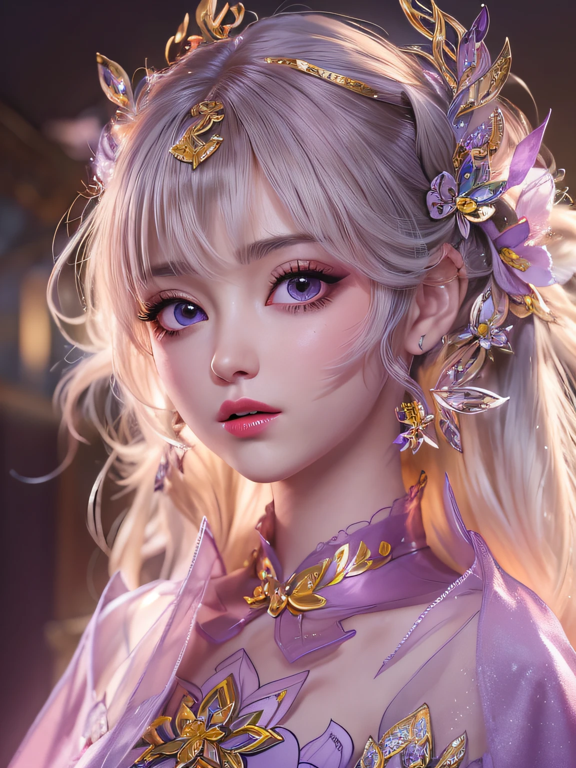 1 20 year old girl, Close up, deusa Atena, Pink purple silk dress, The beautiful goddess Athena had no blemishes on her face, Delicate yellow dressing gown, Beautiful sequin long nightdress,Paired with lots of sexy black lace details, The legend of the female saint, Female saint idol, Beautiful goddess style glitter, Dark and mysterious version, Zhu lips, Plump red lips, Without smiling, Mouth closed, The images with fine details are beautiful, Delicate and beautiful lip details, (Pure and flawless face: 1.9), Female saint body, Moderate breasts, Changping bangs, Tattoo of piebald on the forehead, Beautiful clear face and well-proportioned eyes, (Light purple eyes: 1.8), (Big round eyes and makeup, Sexy wet eye makeup, Very beautiful and delicate hair makeup, Delicate long blonde hair, Delicate, Body image: 1.8), figure: vivid vibrant, (The stars that make up the sky: 1.7), (The sky of heaven and the door of imaginary time and space: 1.8), Fictional art, RAW photos, hanfu photos, best photos, high resolution, Best quality, best photos, Best goddess quality, 8K women, Super 8 Single Saint Portrait, truest color scheme, Masterpieces, Best Beauty Brand, The best hair accessory, Live-action photos of the brand, Dark Studio, Border light, Two-tone lighting, (Rose white skin: 1.4), (High skin detail: 1.1), 8K Ultra HD, Soft light, 8K, High quality, candid, The volume is smooth and sharp, 10x pixel increase, Sexy goddess, (background space: 1.8), (The most beautiful aurora eye: 1.7), Beautiful eyes, The aurora is beautiful and in full bloom, (Beautiful single girl: 1.8), (More details:0.8),