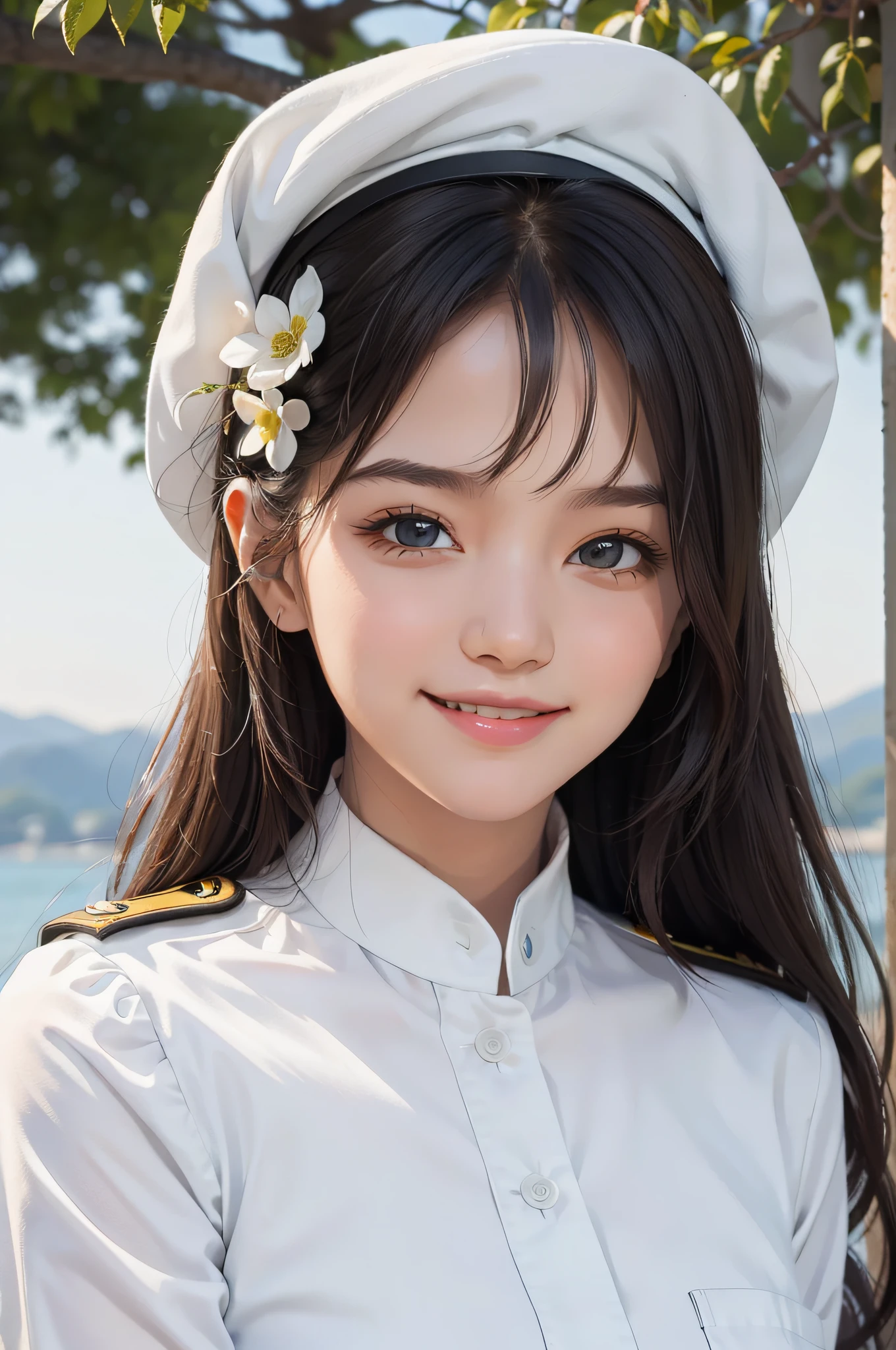 A beautiful girl,A sweet smile,(Face details:1.6),Wearing a white navy uniform,fresh flowers,lakes,parks