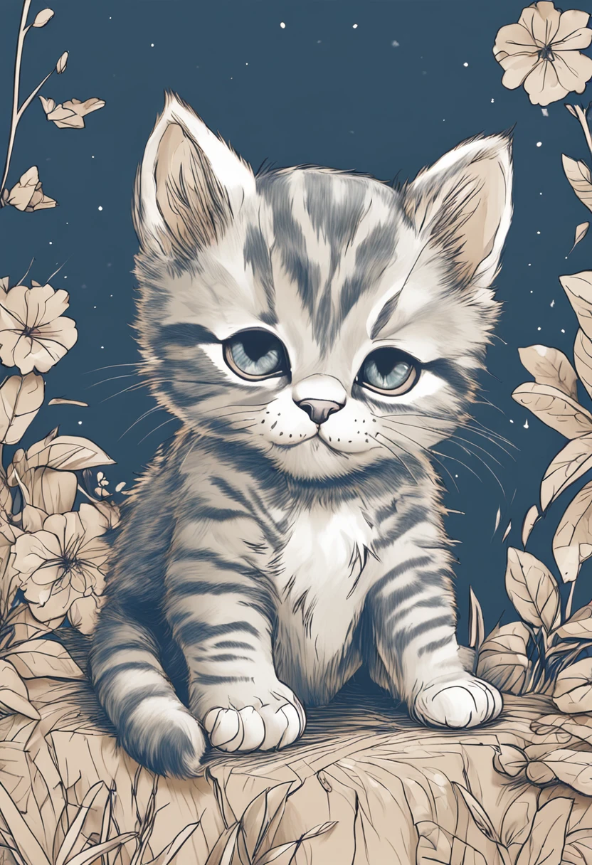 Crie um desenho animado de a cute kitten named Tom, he is alone, he has no tie, he has four paws. has a tail, two eyes, snout, mouth, looking at a blue butterfly in the forest, from tomboy Savannah