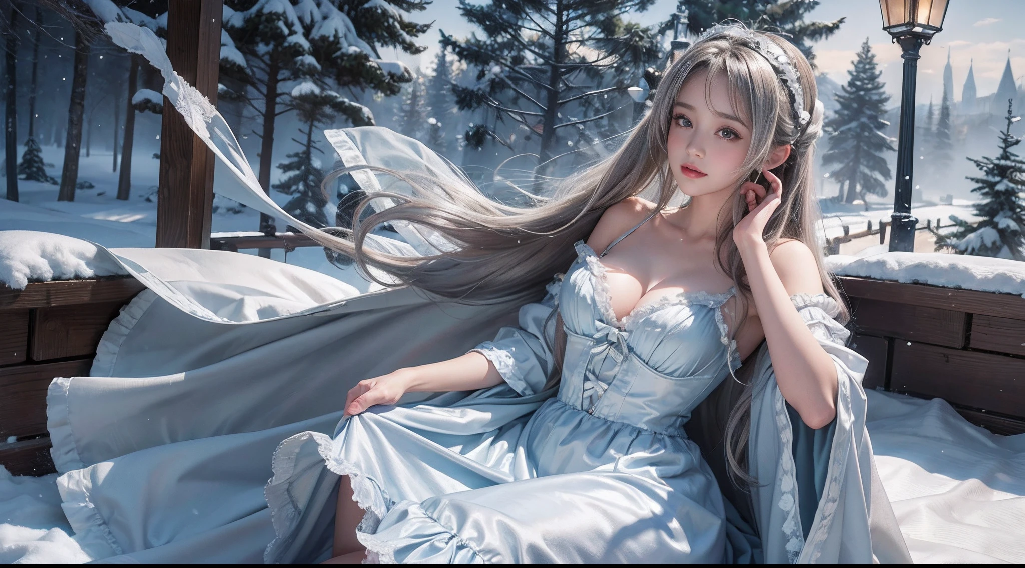 8K, best qualtiy, masterpiece, photograph realistic, Hide your face with happiness, medium breasts, silver Lolita costume, silver Lace, Aerith Gainsborough, whole body, undergarments, exposed bare shoulders, do lado de fora, outside, Covered with snow, cloaks, high high quality, Adobe Lightroom, skin with high detail, look at the viewer, exhibitionist, pervert, show panties