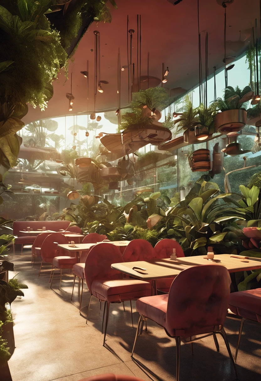 futuristic café interior with an abundance of vegetation around the terrace located in Brasilia, Beautiful interior design, Solarpunk atmosphere