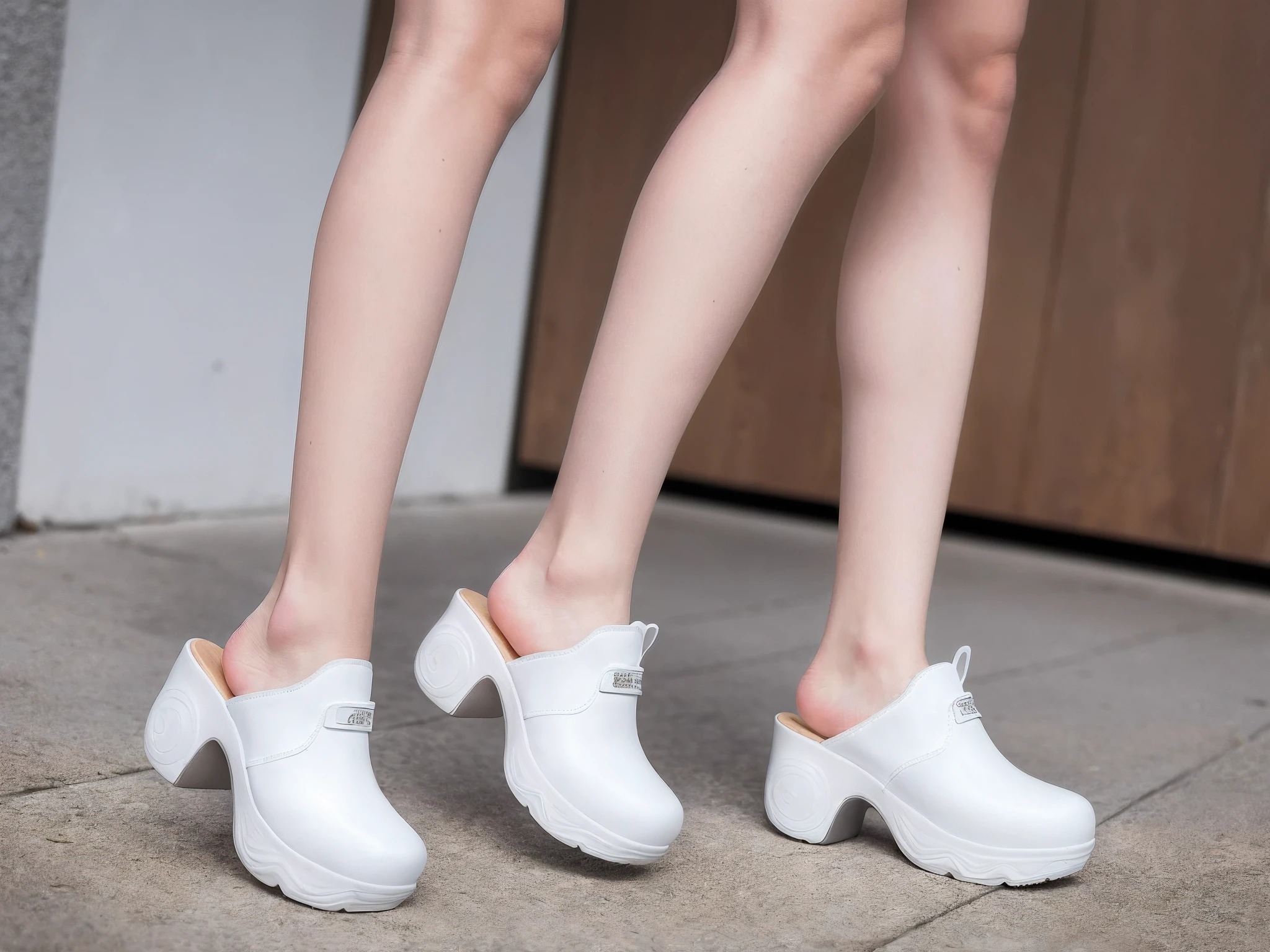 Someone was holding a pair of shoes in his hand, inflatable future shoes, clogs, full - length view. white plastic, 2 0 2 0 fashion, whole shoe is in picture, slippers, Gray color, flat grey, white and gray colors, Cool white, rubber waffle outsole, 🤬 🤮 💕 🎀, front side views full, flat grey