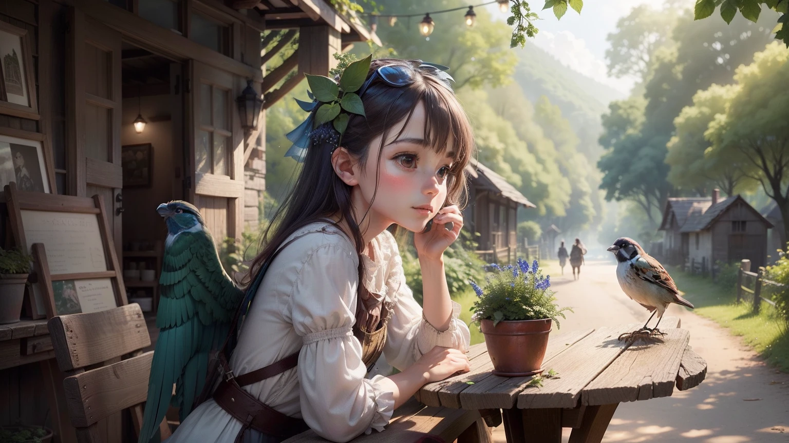 Create an animated tableau set in a tranquil village nestled beside a lush, green forest: Picture a spirited sparrow, Pip, adorned with vibrant blue wings, engaging a group of travel-worn visitors. Capture the scene with Pip perched on a village fence or a tree branch, projecting an inviting demeanor. Animate Pip's beak forming the words, 'Greetings, fellow travelers! Has hunger found you?' Portray the travelers' expressions, a blend of surprise and intrigue, as they take in Pip's words. As the scene unfolds, Pip offers, 'Let me be your guide to the most succulent berries and the sweetest nectar amidst the forest.' Convey the warmth of Pip's assistance and the travelers' eager response