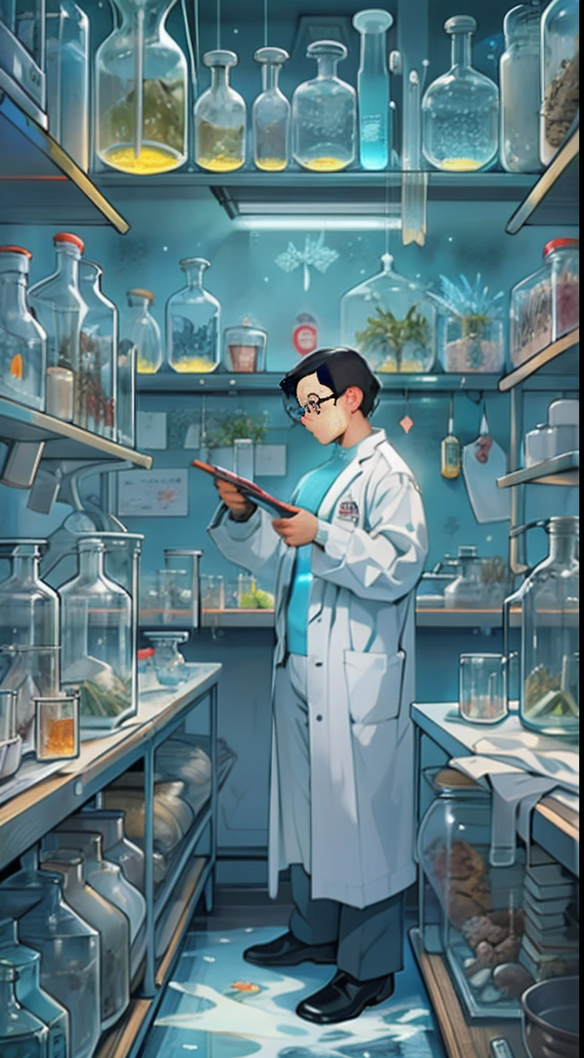 A scientist standing in a laboratory, holding a bottle of "Sea Ice Crystal" in his hand, surrounded by various experimental equipment and test tubes, with walls covered in chemical formulas and pictures of marine organisms.,in the style of the stars art group xing xing, 32k, best quality, masterpiece, super detail, high details