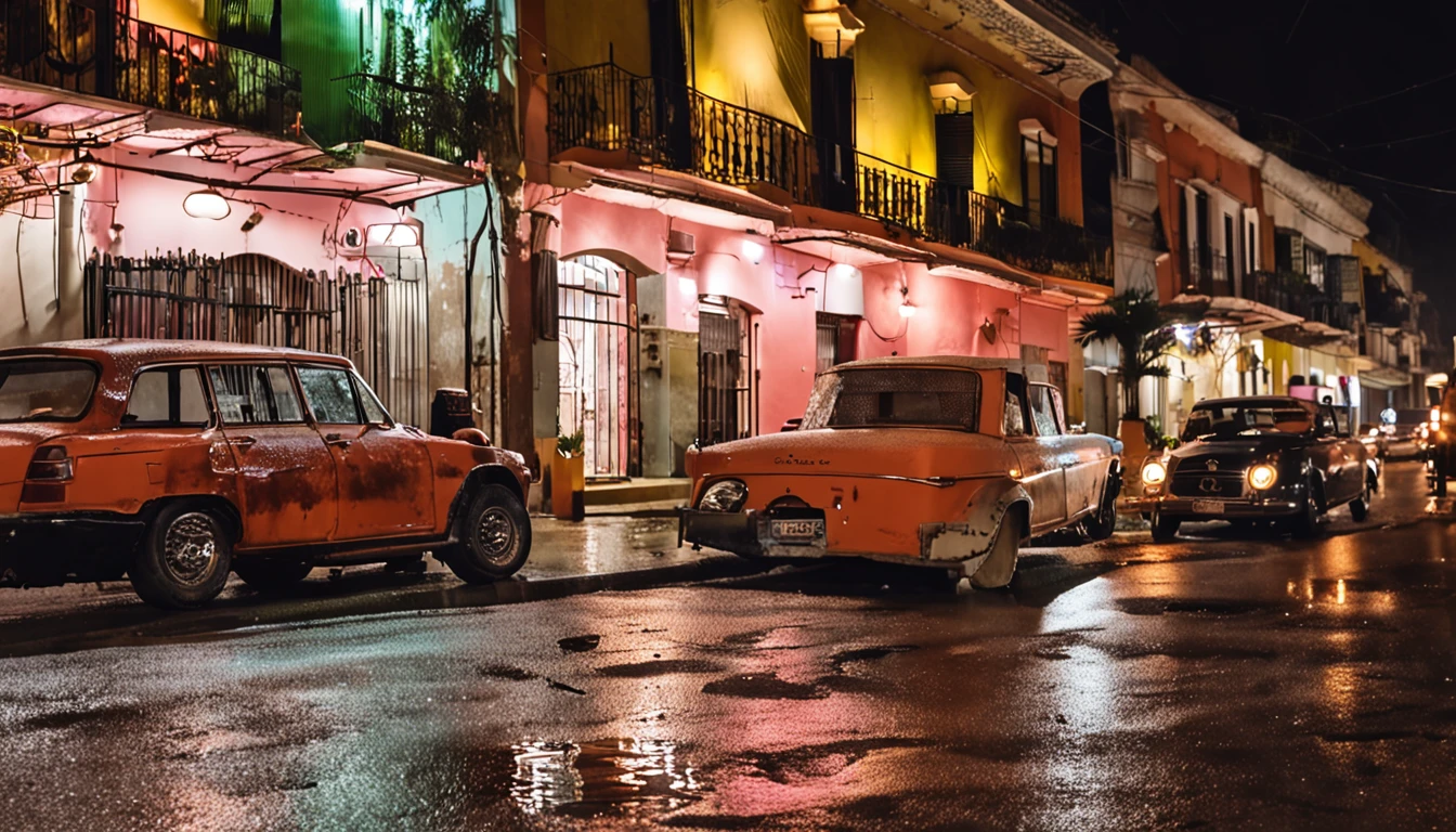 En una noche tranquila, The streets are drizzling and full of bright restaurants and hotels. Las farolas modernas arrojan una luz suave sobre la escena lluviosa, creating a beautiful atmosphere. Los peatones sostuvieron apresuradamente paraguas, y algunos caballeros cruzaron la calle tranquilamente con sombreros. Un deportivo rojo, like a bat spreading its wings, Paradas en la entrada del hotel, como si diera la bienvenida a la llegada de una persona importante