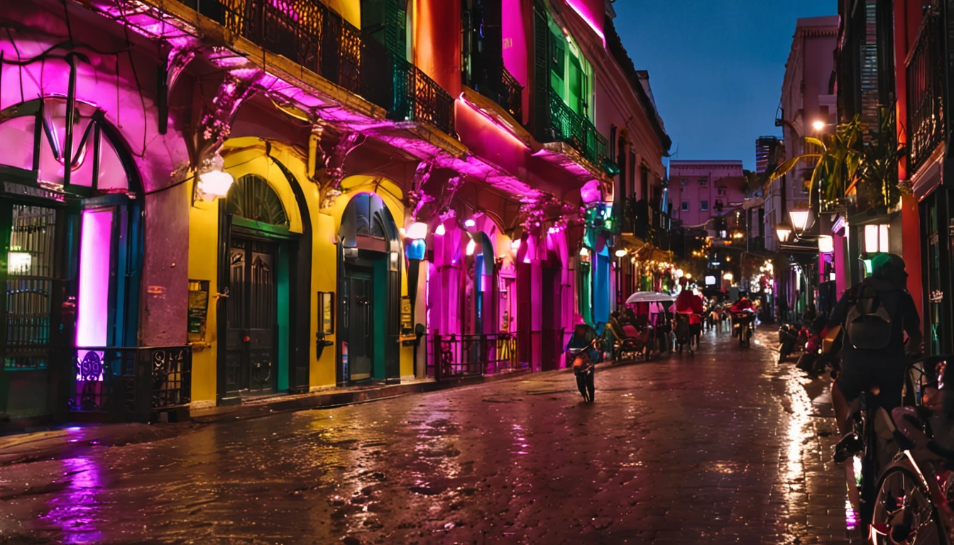 En una noche tranquila, The streets are drizzling and full of bright restaurants and hotels. Las farolas modernas arrojan una luz suave sobre la escena lluviosa, creating a beautiful atmosphere. Los peatones sostuvieron apresuradamente paraguas, y algunos caballeros cruzaron la calle tranquilamente con sombreros. Un deportivo rojo, like a bat spreading its wings, Paradas en la entrada del hotel, como si diera la bienvenida a la llegada de una persona importante