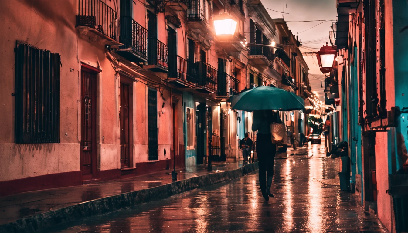 En una noche tranquila, The streets are drizzling and full of bright restaurants and hotels. Las farolas modernas arrojan una luz suave sobre la escena lluviosa, creating a beautiful atmosphere. Los peatones sostuvieron apresuradamente paraguas, y algunos caballeros cruzaron la calle tranquilamente con sombreros. Un deportivo rojo, like a bat spreading its wings, Paradas en la entrada del hotel, como si diera la bienvenida a la llegada de una persona importante