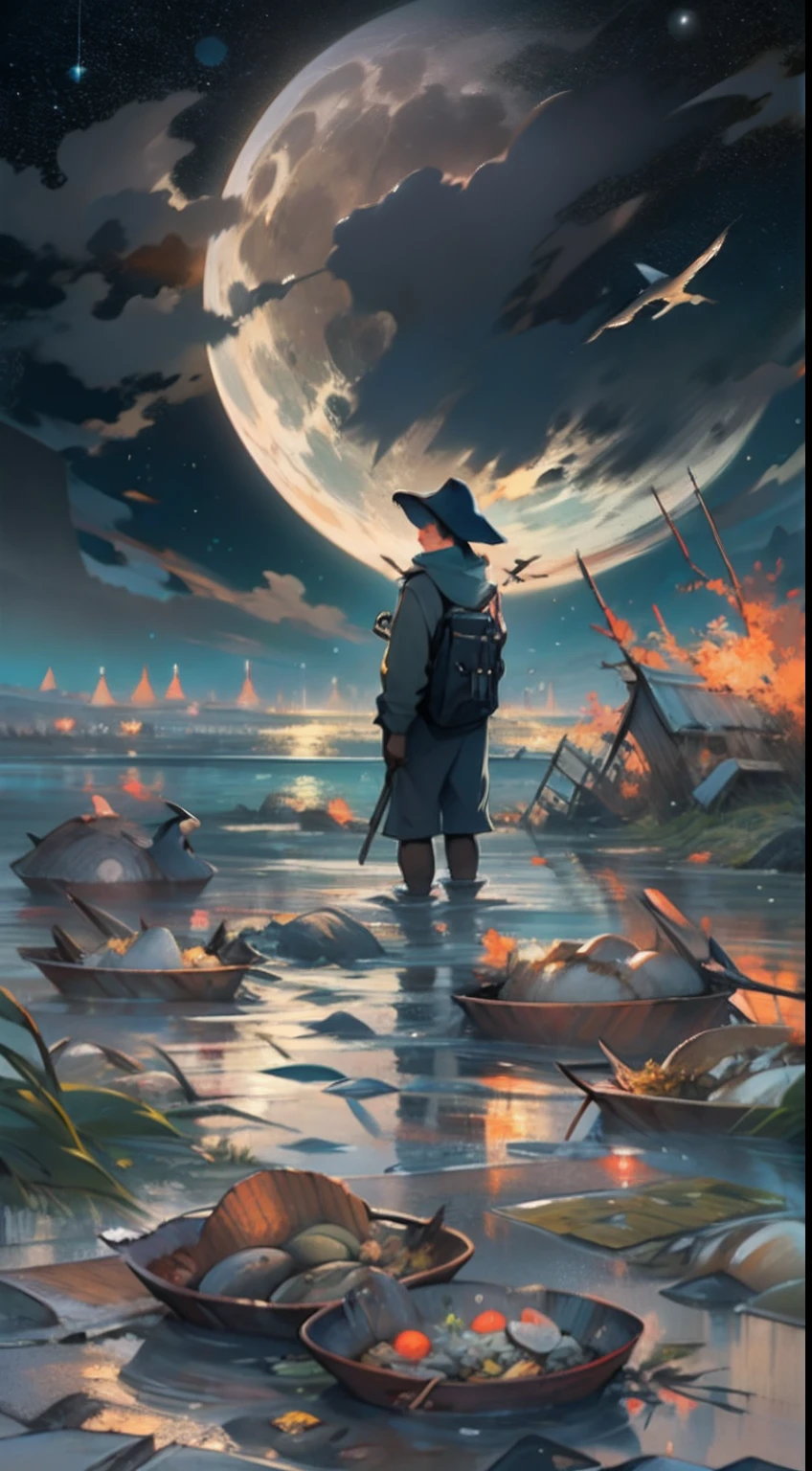 A person in black standing on a polluted beach, holding a box filled with various seafood, surrounded by a desolate landscape with murky water and lots of garbage and chemicals floating around, ,in the style of the stars art group xing xing, 32k, best quality, masterpiece, super detail, high details