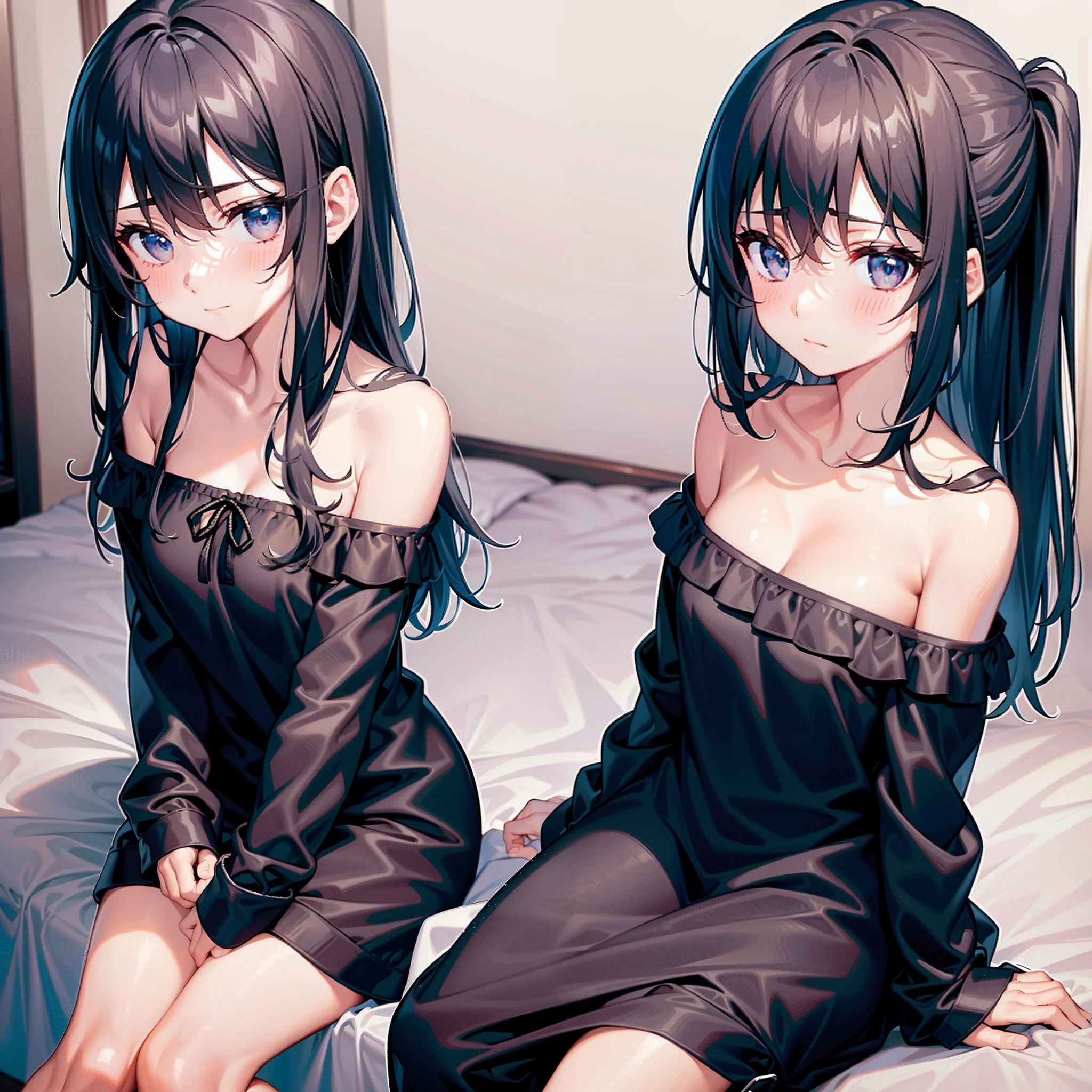 1girll,Black off-the-shoulder pajamas,inside bedroom,sit on chair,A shy expression