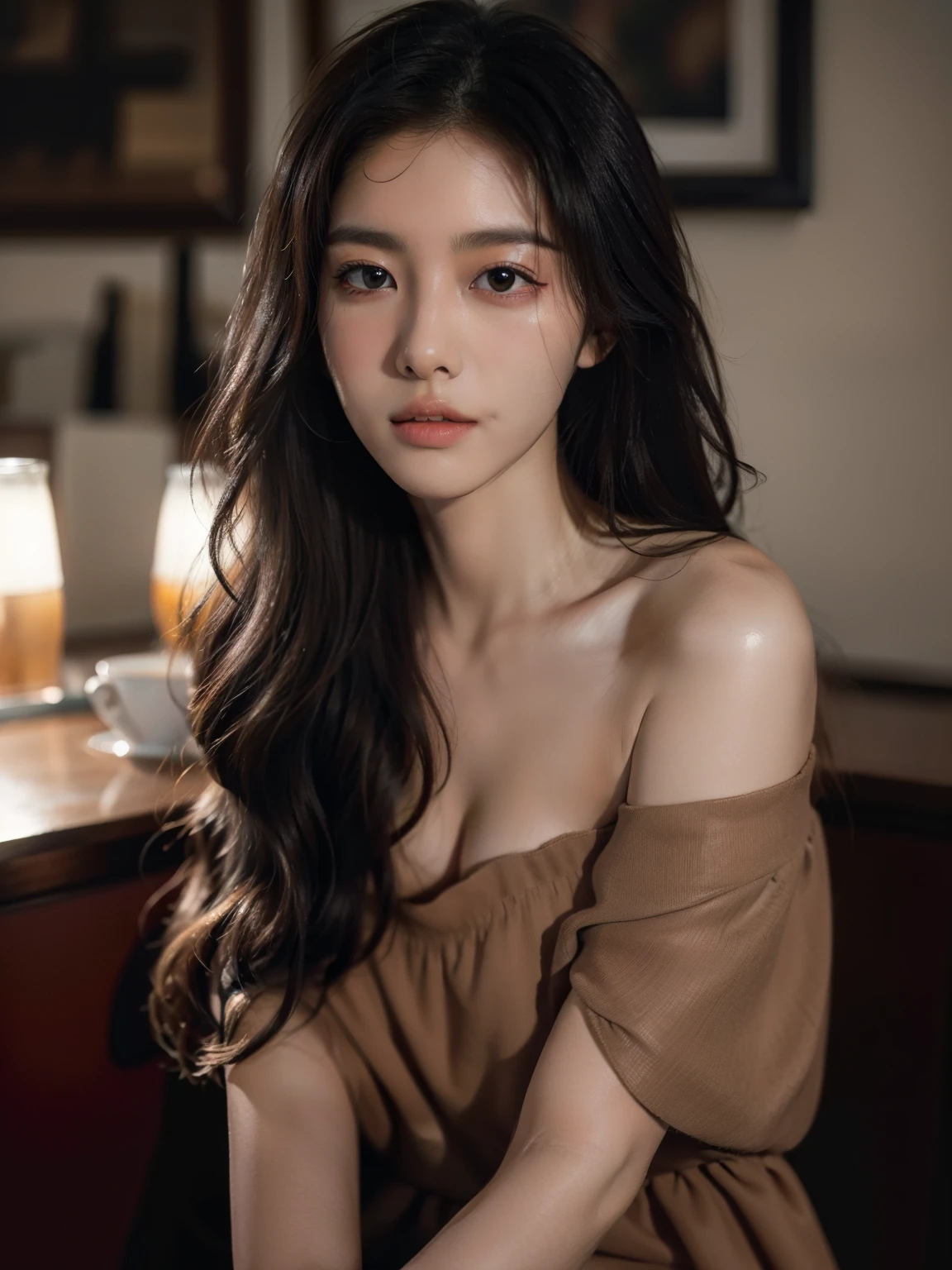 best qualityer, Masterpieces, Super high resolution, (photograph realistic:1.5), Original image,Brown dress ,Korean 1girl, offshoulder, In the dark, deepshadow, low tune, Cold light, Sexy look, long whitr hair,Cafe,pretty,lim light,swirling hair