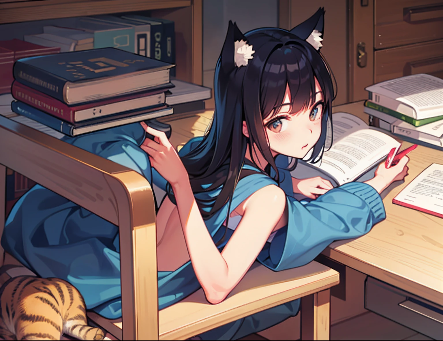 Cute cat-eared girl sitting in the room brushing up on the back of the quadratic