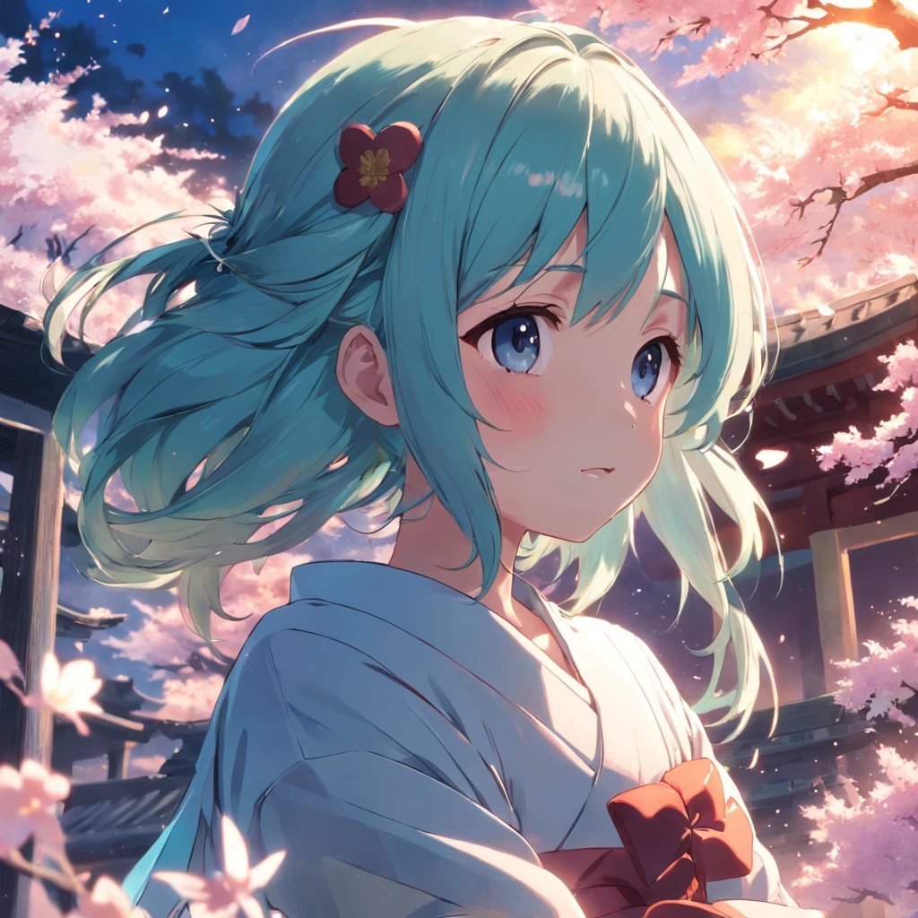 "masterpiece, best quality, movie still, yuzuki aoba, miku, temple, spring afternoon, close-up, bright, happy, attractive, warm soft lighting, sunset, (sparks:0.7)"