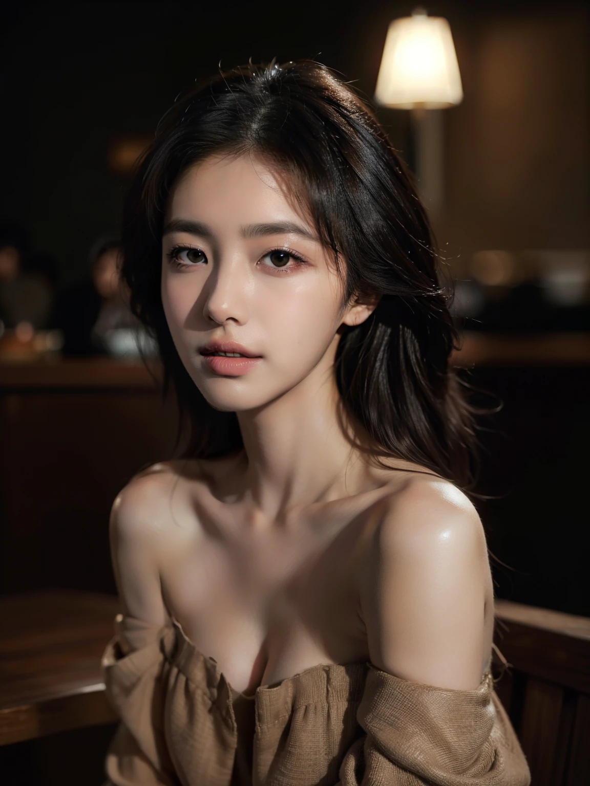 Best quality, masterpiece, Ultra-high resolution, (realistically:1.5), RAW photos, Lovely, in the dark night, depth shadow, Low Tone, Cold Light, Sexy look,Shoulder length straight bob hair,Slim