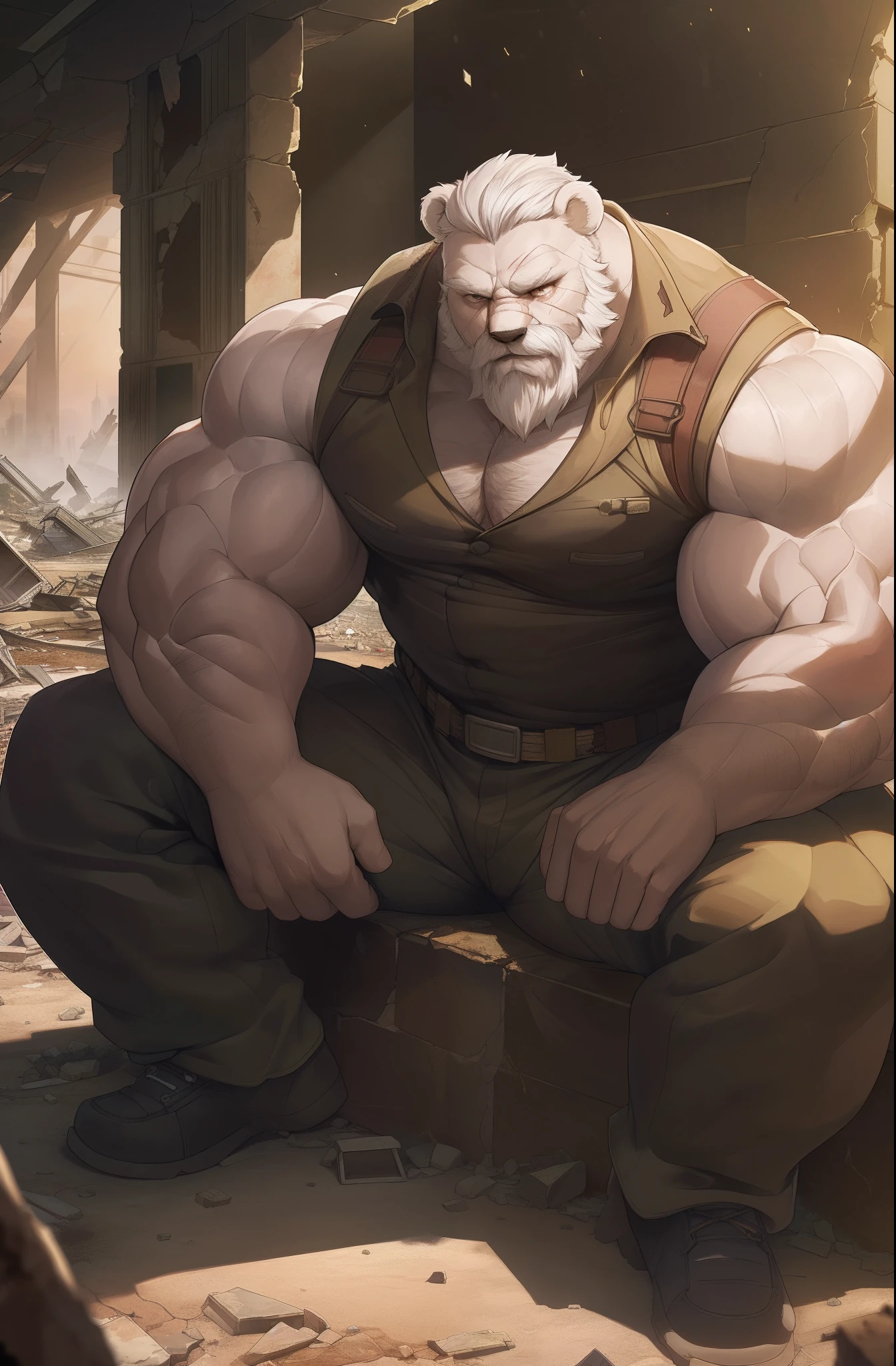 extremely detailed, detailed face, detailed eyes, detailed muscle, (view full body), ((1man)), ((furry bear)), (object (big muscular old man soldier sitting resting in the ruins of the building)), the old man is soldier and wearing soldier uniform, old man (facial hair, beaded, white beard, battel scar face, short hair, white hair, strong character, strong muscle), (background ((waster land, post-apocalypse, ruined city))),  (photography (50mm lens, cinematic, cinematic color))