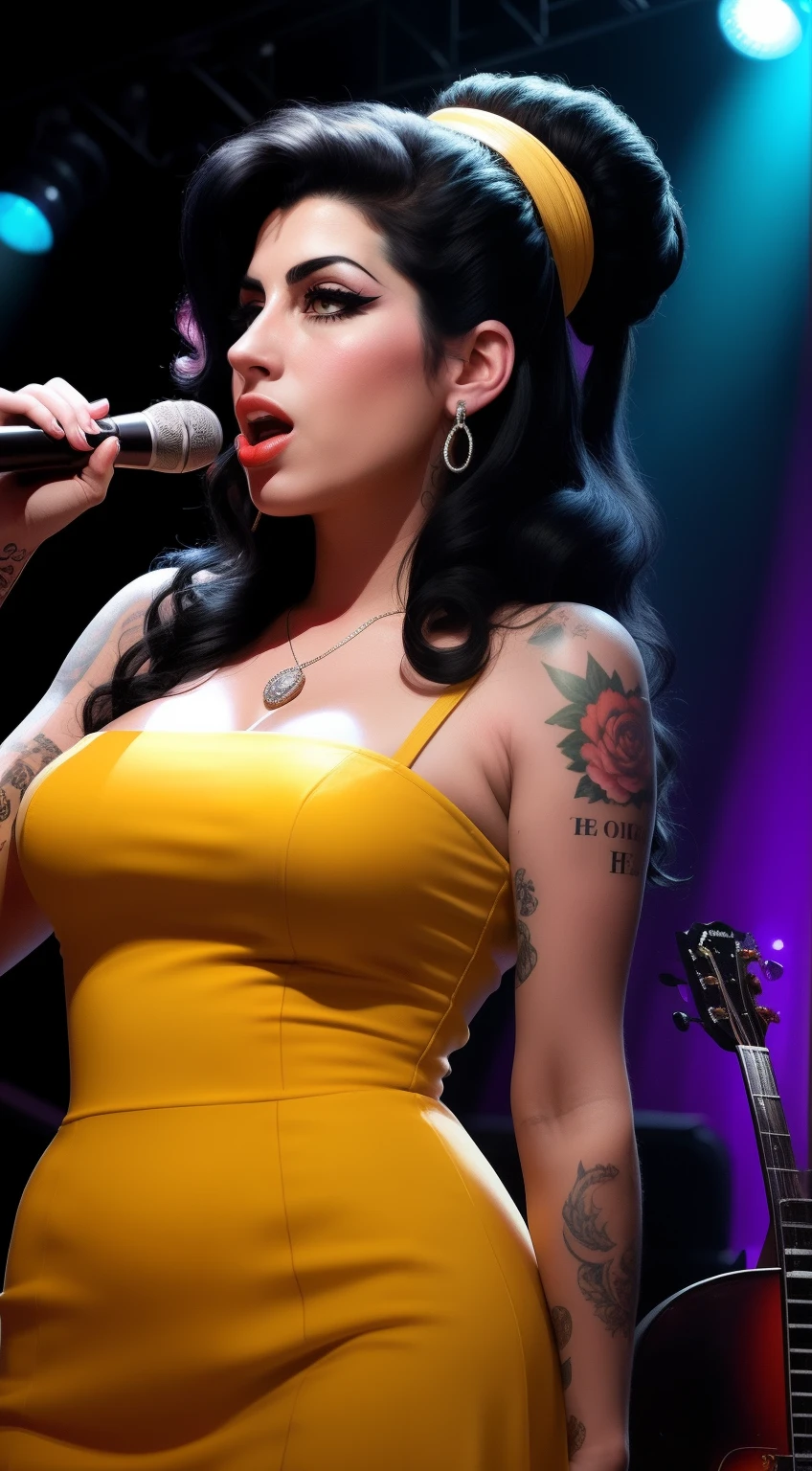 The concept is by Amy Winehouse portrayed through digital illustration, inspired by his iconic musical style and persona. A cena mostra sua performance emotiva no palco, cercado por um microfone vintage e uma banda de jazz. The color temperature is warm and nostalgic, emphasizing its retro charm. His facial expression exudes raw emotion and passion. The lighting casts dramatic shadows, Melhorar a atmosfera do Smoky Jazz Club