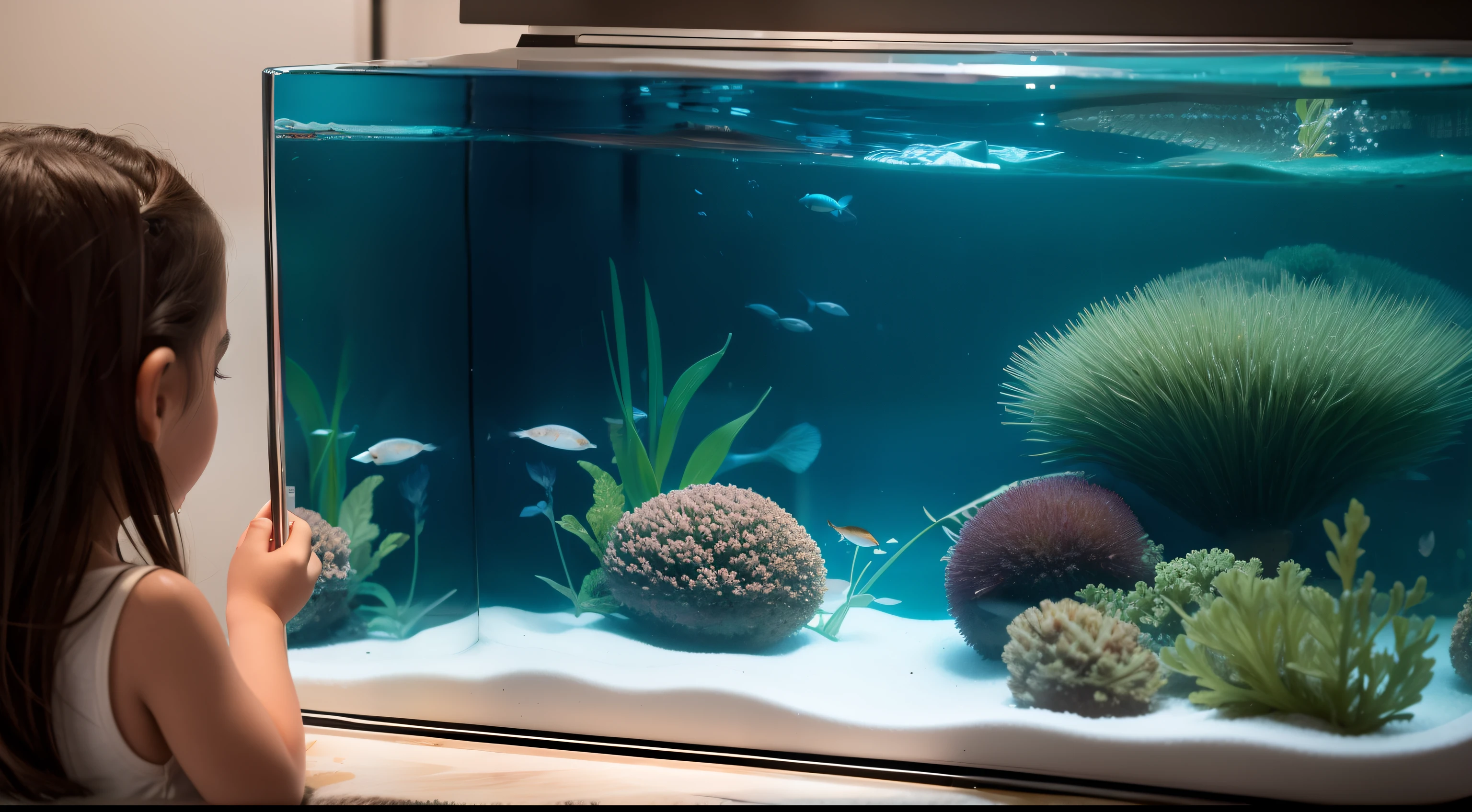 The little girl stared at the fish in the fish tank in front of her