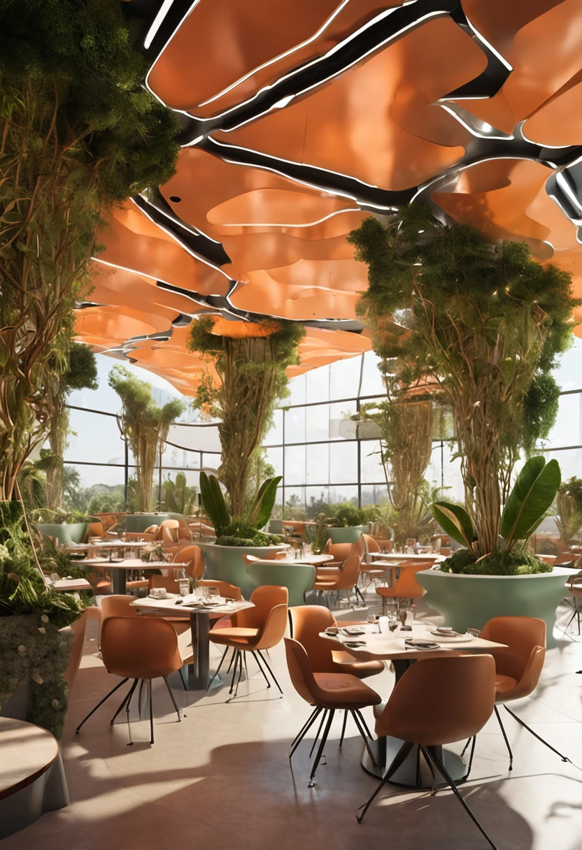 (futuristic café interior with an abundance of vegetation around the terrace located in Brasilia, Beautiful interior design, Solarpunk atmosphere, mobilier futuriste, Parametric design)