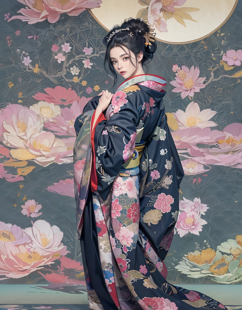 (Beautiful model in Japanese kimono commercial, beautiful straight long black hair), solo, ((face is 80% beauty and elegance, 20% pretty and cute:1.5)), clear eyes, (detailed eyes, light green eyes, bright pupils), Double Eyelids, (sexy lips with a little thickness:1.2), ((super detailed and incredibly high resolution Deep-purple Kimono:1.2)), Highly Detailed Face Texture, striking body shape, curvy and very attractive woman, high-resolution RAW color photo pro photo, BREAK ultra high-resolution textures, High-res body rendering, big eyes, unparalleled masterpiece, incredible high resolution, super detailed, stunning ceramic skin, BREAK ((Facing back to show the pattern of the Kimono:1.5)), ((Wearing a Yohen-Tenmoku kimono that uses a lot of glittering Deep-purple:1.5)), ((The main color is Deep-purple and the Yohen-Tenmoku Kimono has very colorful embroidery:1.2)), (Half-collar and Obi are White) ,(elaborately made classical Japanese Yohen-Tenmoku Kimono), ((The embroidery pattern is a Yohen Tenmoku pattern reminiscent of outer space):1.2), ((elaborately and elegantly decorated Deep-purple Kimono)), (Taken in front of a round fusuma window in a Japanese-style room)) BREAK ((Best Quality, 8k)), Crisp Focus:1.2, (Layer Cut, Big:1.2), (Beautiful Woman with Perfect Figure:1.4), (Beautiful and elegant rear view:1.3), Slender waist, (Correct hand shape:1.5), (Full body shot | cowboy shot)