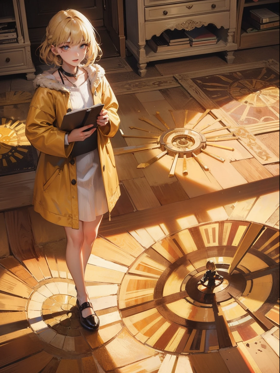 super detailed lino art, short haired blonde woman, blonde woman, sun is creating shadows and reflections