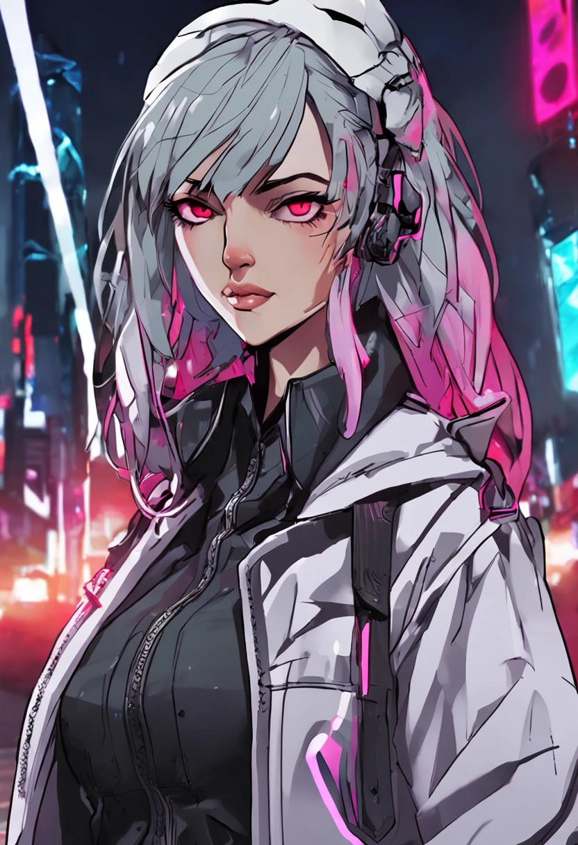 lucy \(cyberpunk\), 1girl, hair scrunchie, hime cut, silver hair, colored tips, full moon, grey eyes, jacket, long sleeves, looking at viewer, medium hair, multicolored hair, parted bangs, parted lips, pink hair, portrait, red eyeliner, red lips, solo, white jacket, cyberpunk \(series\), rainy night in a cyberpunk city with glowing neon lights