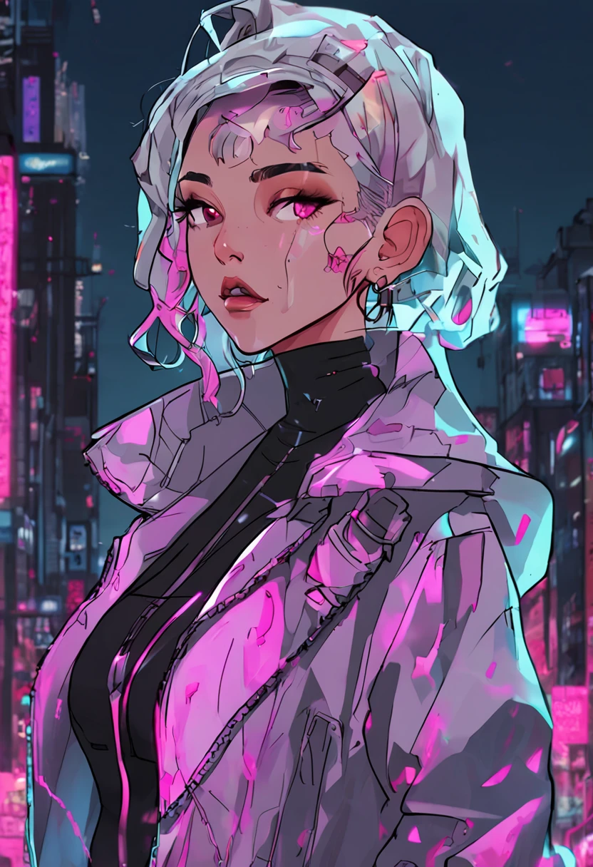 lucy \(cyberpunk\), 1girl, hair scrunchie, hime cut, silver hair, colored tips, full moon, grey eyes, jacket, long sleeves, looking at viewer, medium hair, multicolored hair, parted bangs, parted lips, pink hair, portrait, red eyeliner, red lips, solo, white jacket, cyberpunk \(series\), rainy night in a cyberpunk city with glowing neon lights