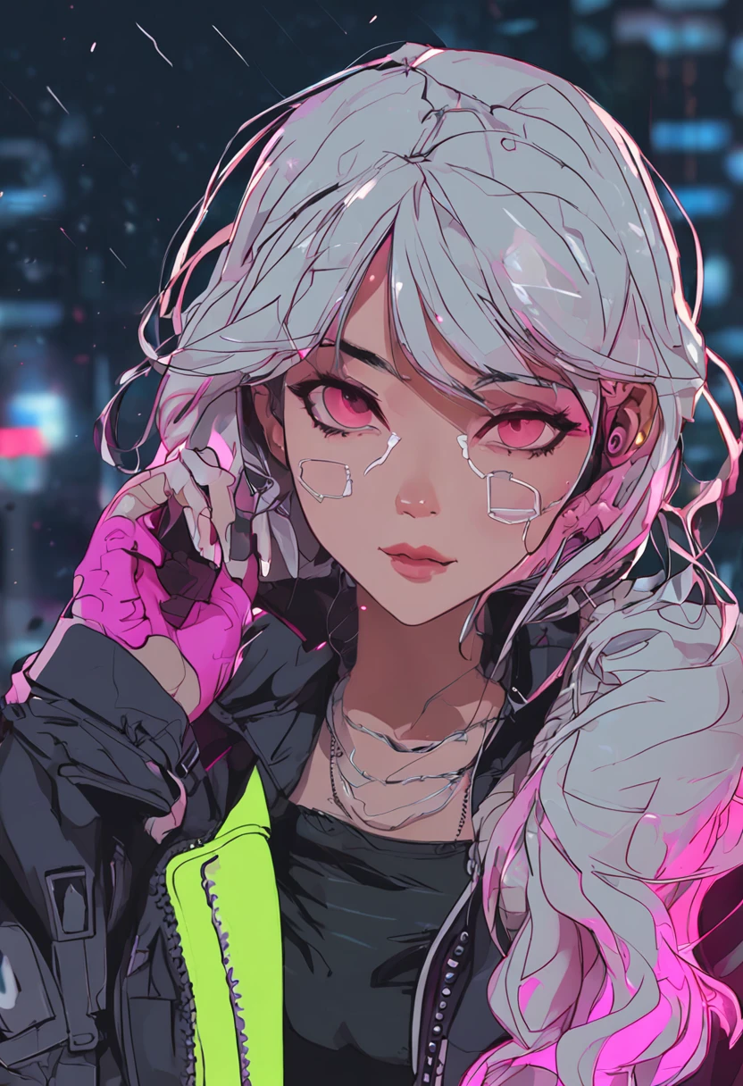 lucy \(cyberpunk\), 1girl, hair scrunchie, hime cut, silver hair, colored tips, full moon, grey eyes, jacket, long sleeves, looking at viewer, medium hair, multicolored hair, parted bangs, parted lips, pink hair, portrait, red eyeliner, red lips, solo, white jacket, cyberpunk \(series\), rainy night in a cyberpunk city with glowing neon lights