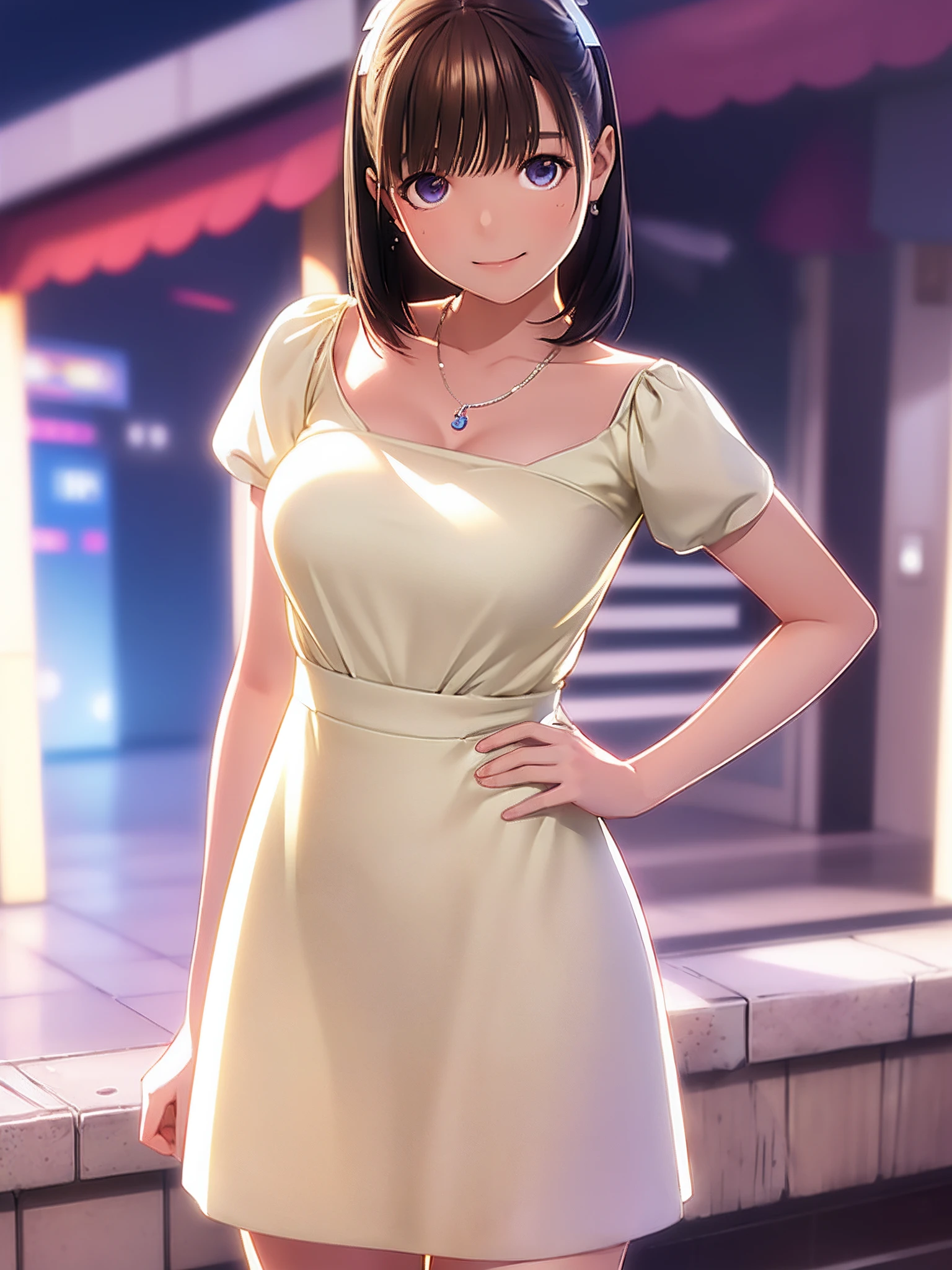 hight resolution,in 8K,Best Quality,detaileds,semi - realistic anime,Anime 3D Style,Smooth Anime CG,1 girl in,20 year old woman in Japan,slim,modeled,shiny chestnut hair,Medium Hair,Detailed face,Beautiful and detailed eyes,Glowing skin,randome pose,((Light yellow and white dot pattern dress)),a necklace,A slight smil,observitory,