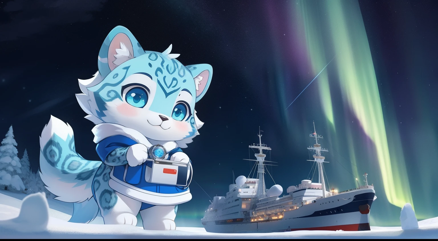 Furry mascot,Furry Fur,Standing furry fur,Furry snow leopard,Standing snow leopard,Lovely image,snow leopard,Cute furry,Large research vessels,Snow leopard on ice,Beautiful aurora,Look at the aurora, Long, Fluffy tail,In the Arctic,The ship is brightly lit,Cubs,is in night,nigh sky, Winters,stars,Close-up of cute characters