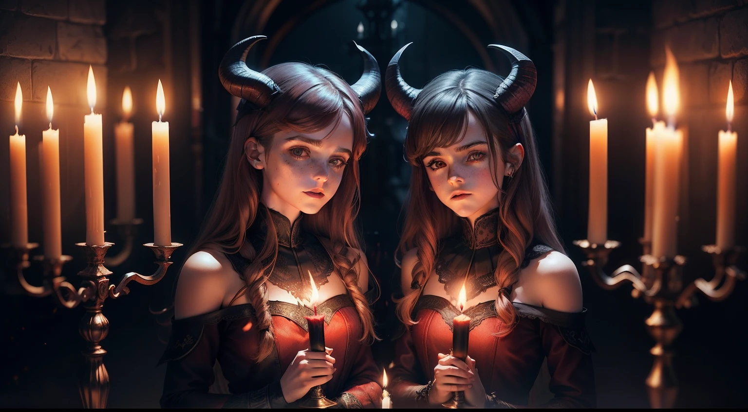 twins teen Emma Watson as 2 sexy demons, dark red glowing eyes, high definition, detailed, intricate, goat horns, holding a sword, standing in front of a dark alter with flames all around. candles everywhere.