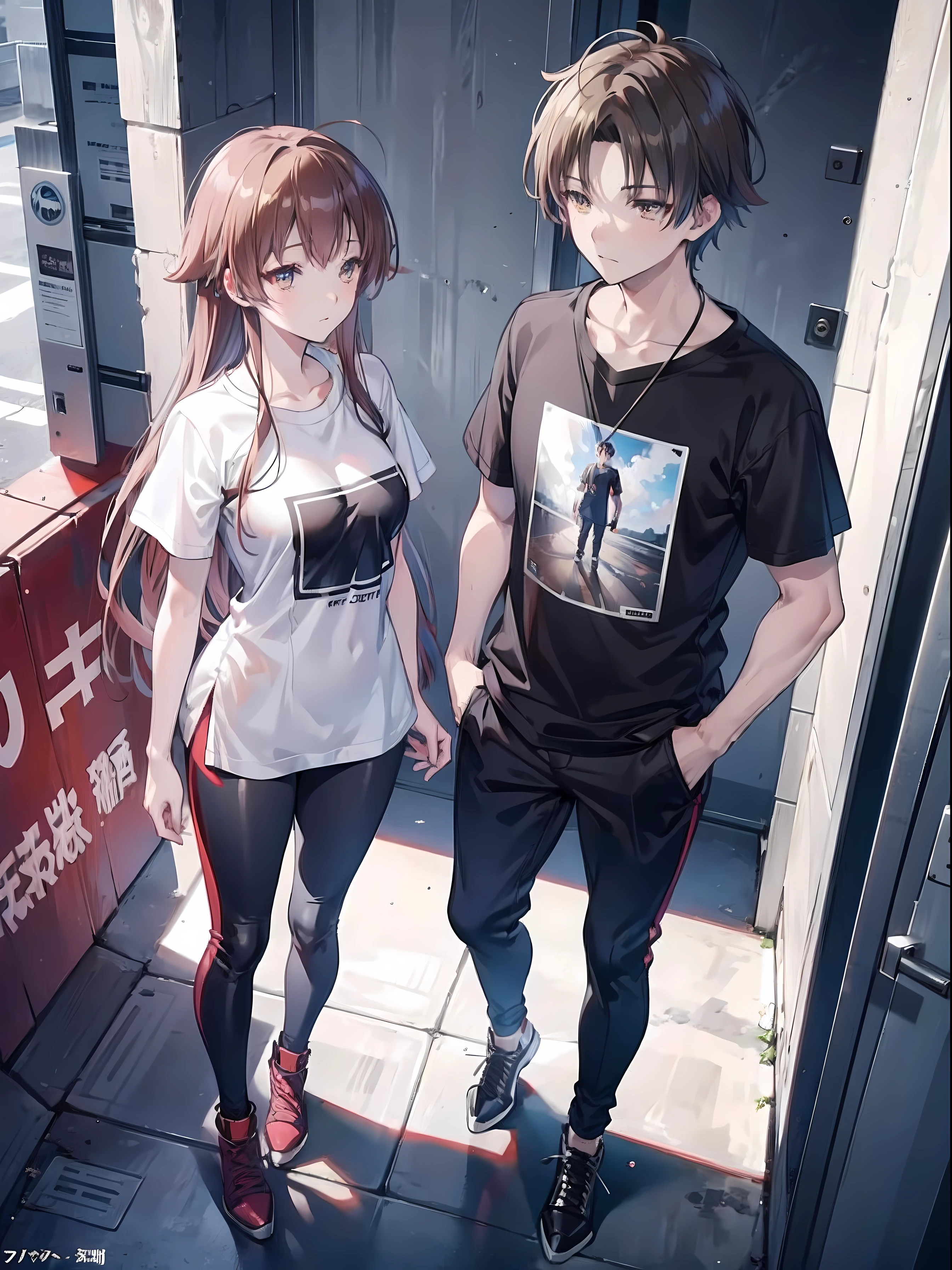 kiyotaka ayanokoji who is a boy with a medium build, standing next to makima who is a girl with long hair that is well endowed ,two people, piercing golden eyes , with black t shirt that is tight , grey track trousers, black boots ,in a city , ultra high-definition, full body view , looking aloof , 8k , detailed