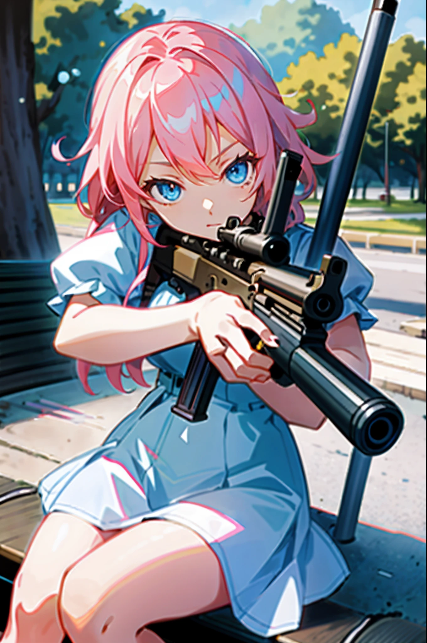 Anime girl holding a gun on a bench in the park, Fine details, anime machine gun fire, of a sniper girl in war,clean and meticulous anime style, HD wallpapers, Overall HD and meticulous, Pink hair, Blue eyes, The girl wears a short-sleeved dress