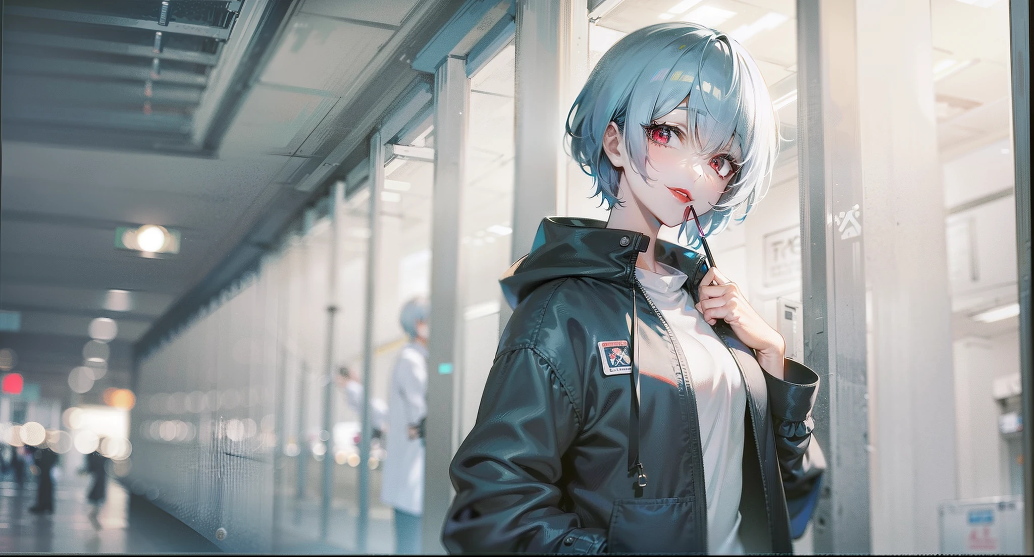 Anime image of a woman with light blue hair and a black jacket, A white shirt is worn under a black jacket,red lipstick on his mouth,Look at you with red eyes,Smile at you,Anime girl Rei Ayanami Majin, Leaning on the pillars of the subway,from evangelion