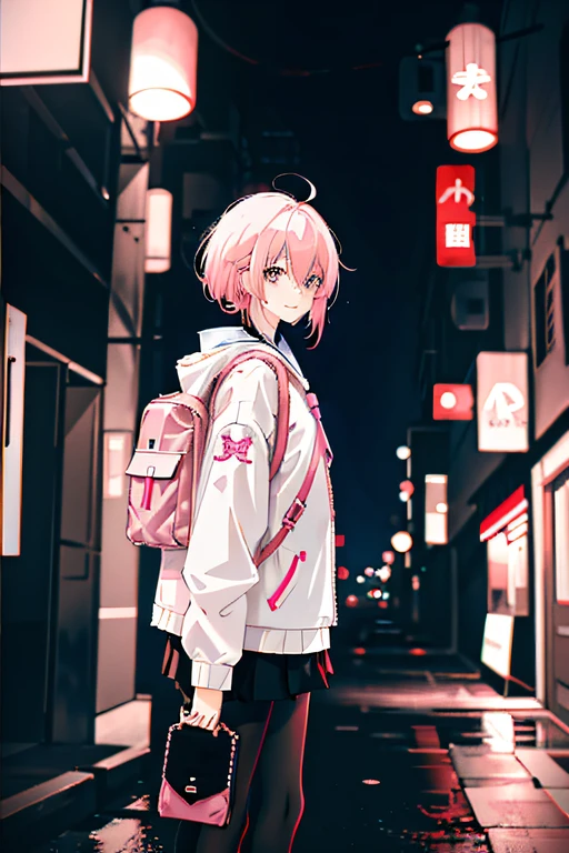 Anime girl with white and pink hair, casual outfit, dark outfit, cyberpunk style, wearing backpack, light clothing, shy look, slight smile, dark eyes, city in the background, blur, anime art style