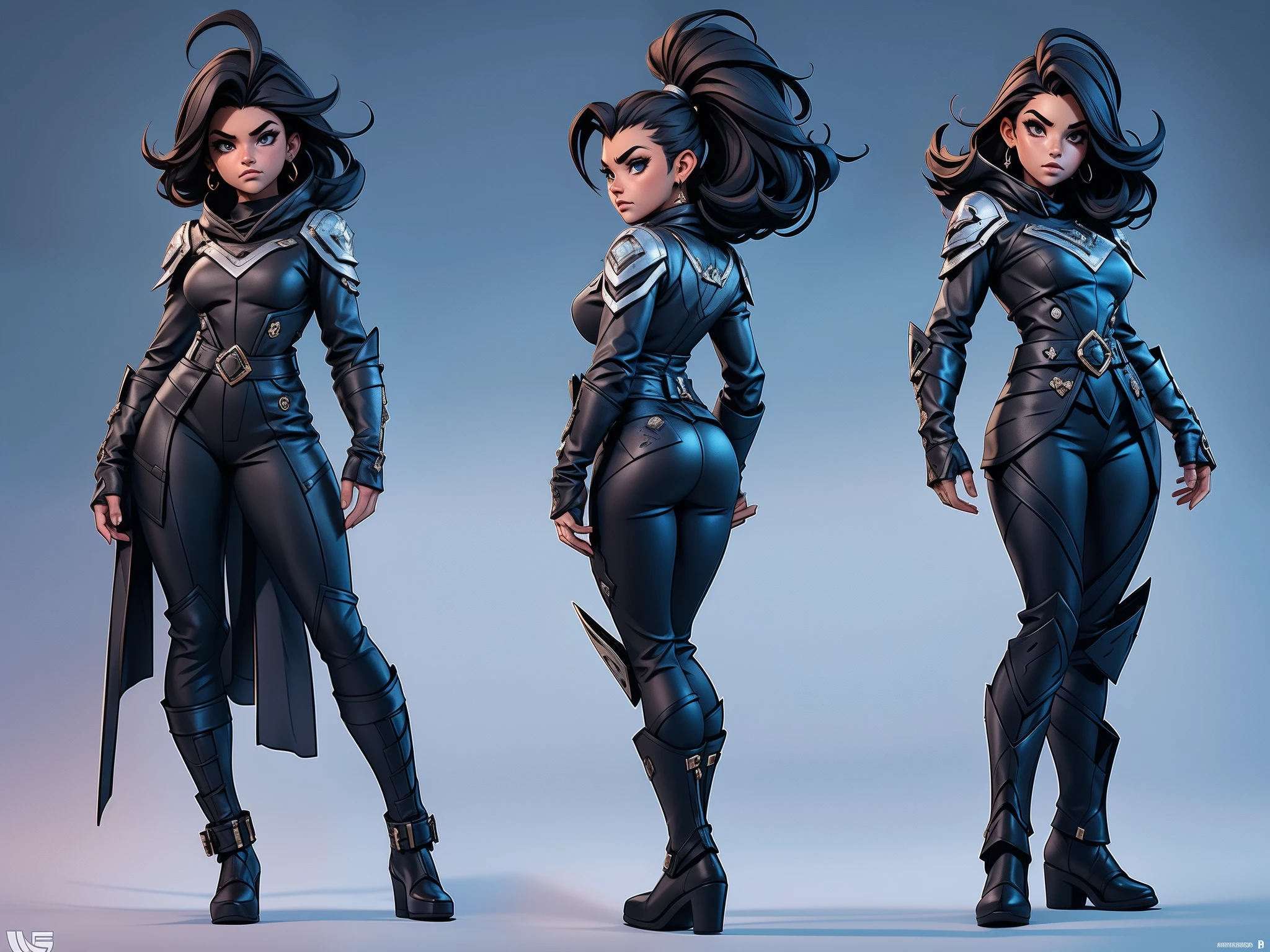 Uma folha de caracteres detalhada, com vista frontal, side view, and three-quarter view, contra um fundo branco, mostrando uma mulher negra de 29 anos com cabelo cacheado preto curto, usando botas altas e trajes futuristas de naves espaciais, The sheet encompasses varying angles — front, traseira, and side views—next to a model sheet and reference sheet, all illustrating a full-body representation.